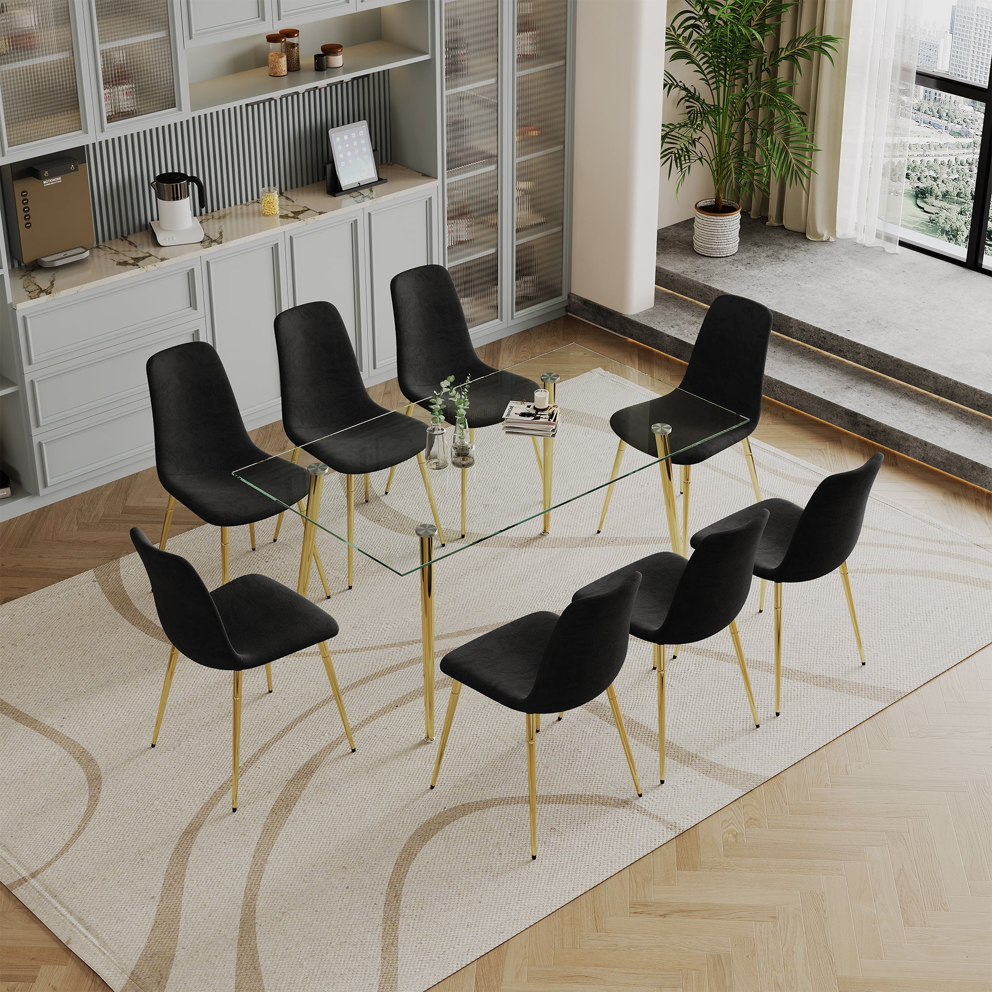 Dining Table Set Of 9, 0.32" Thick Tempered Glass Top Dining Table With Metal Legs And Eight Fabric Dining Chairs, Table Size: 62.99" L X 35.43" W X 29.92" H Gold Tempered Glass