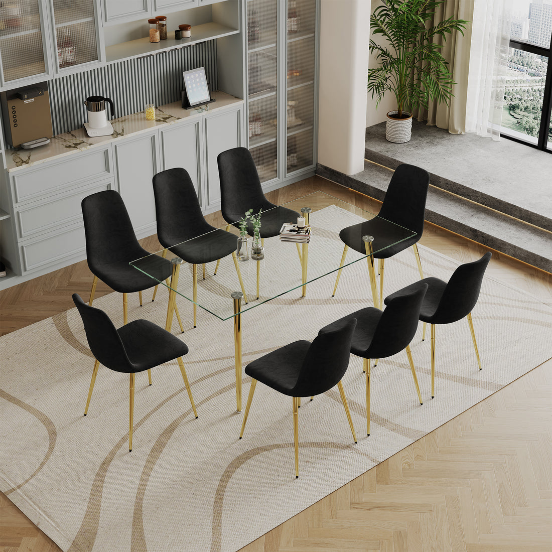 Dining Table Set Of 9, 0.32" Thick Tempered Glass Top Dining Table With Metal Legs And Eight Fabric Dining Chairs, Table Size: 62.99" L X 35.43" W X 29.92" H Gold Tempered Glass
