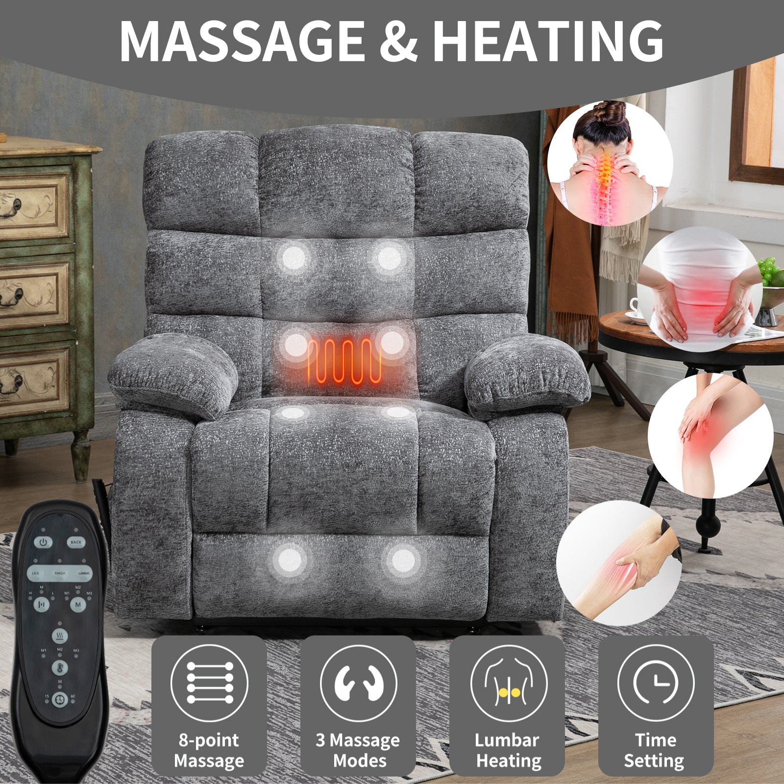Lift Recliner Chair Heat Massage Dual Motor Infinite Position Up To 350 Lbs Large Electric Power Lift Recliners With Power Remote, Medium Firm And Heavy Duty, Grey White Metal Primary Living Space