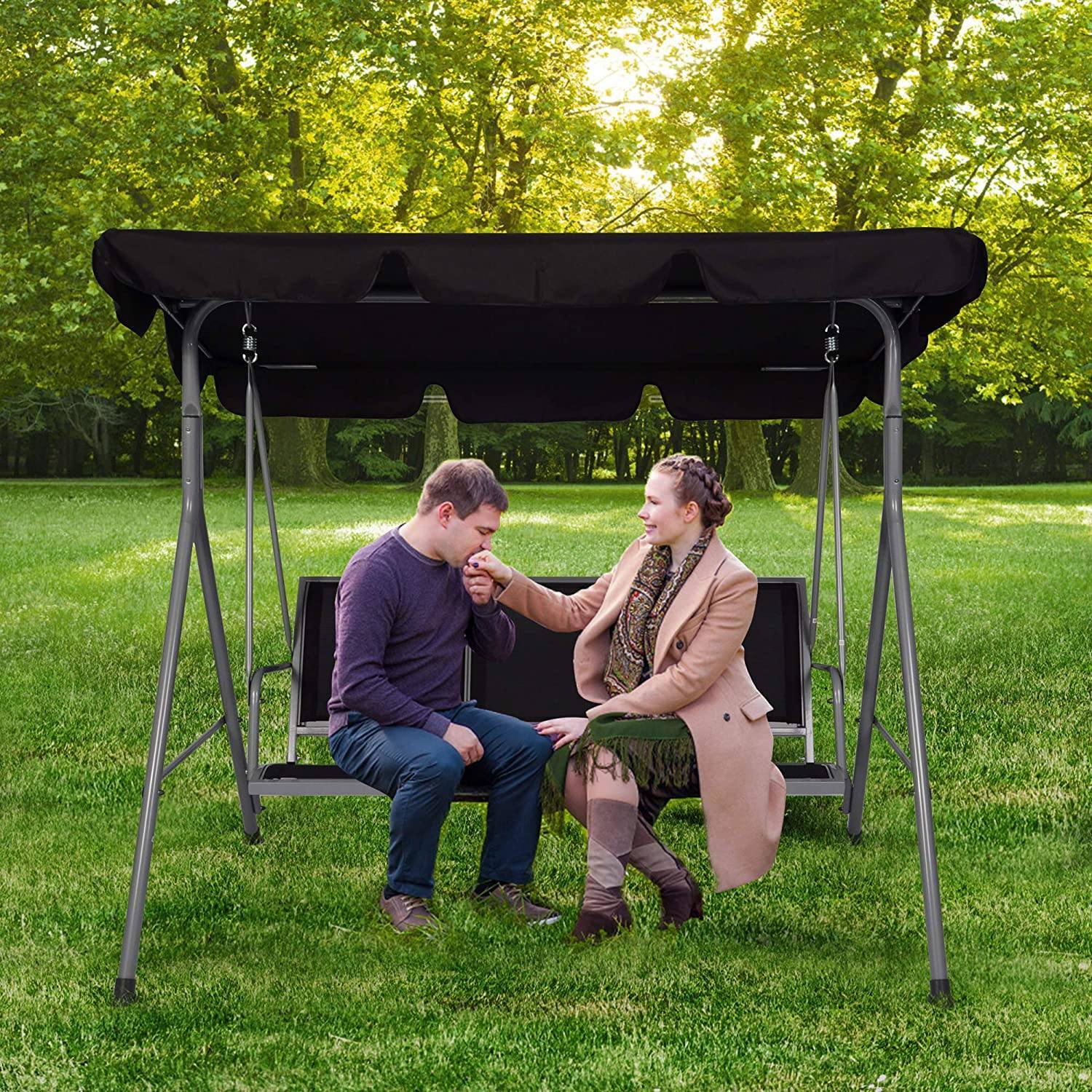 3 Person Outdoor Swing Chair Adjustable Canopy Hammock Seats, Patio Porch Garden Swing, Black Black Metal
