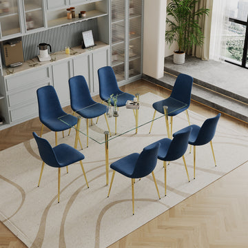 Dining Table Set Of 9, 0.32" Thick Tempered Glass Top Dining Table With Metal Legs And Eight Fabric Dining Chairs, Table Size: 62.99" L X 35.43" W X 29.92" H Gold Tempered Glass