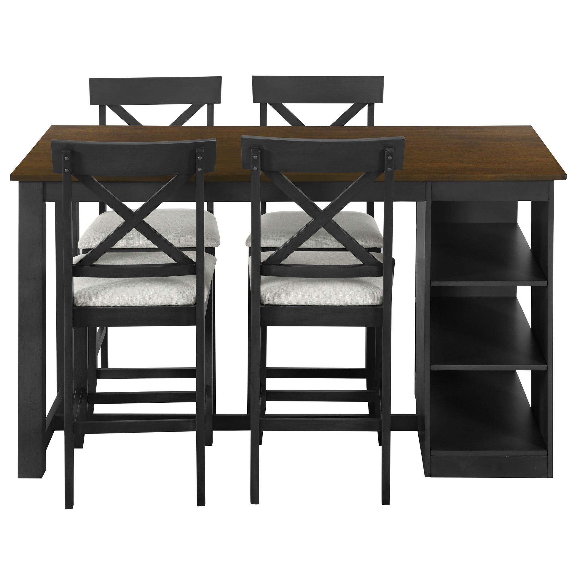 60"Lx30"W Solid Wood Farmhouse Counter Height Dining Table Set With 3 Tier Storage Shelves, Upholstered Dining Chairs For 4, 5 Piece, Gray Wood Dining Room Solid Wood Rubberwood Rectangular Dining Table With Chair Wood Wood Gray Seats 4 Farmhouse 4 Leg