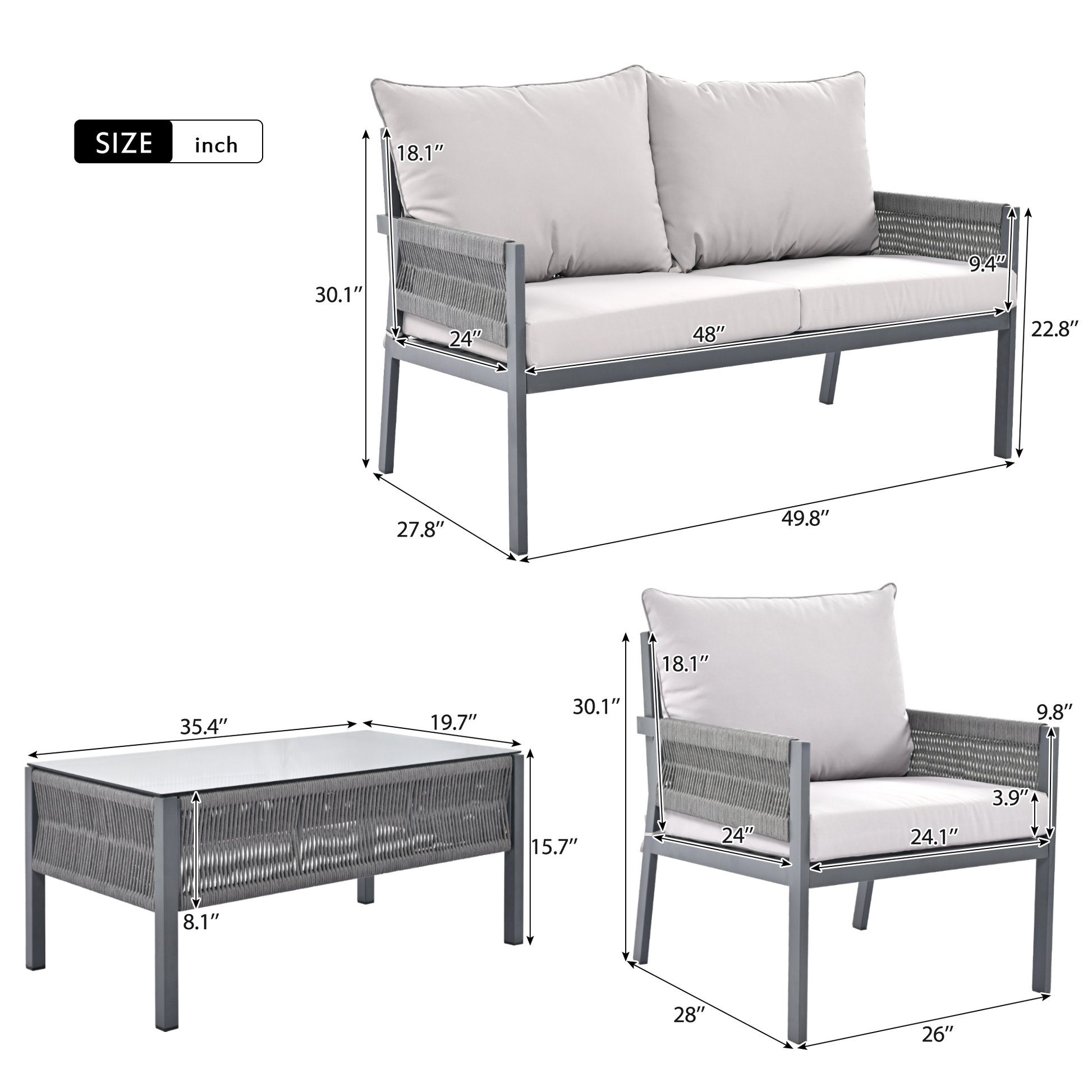 K&K 4 Piece Rope Patio Furniture Set, Outdoor Furniture With Tempered Glass Table, Patio Conversation Set Deep Seating With Thick Cushion For Backyard Porch Balcony Grey Yes Complete Patio Set Grey Weather Resistant Frame Fade Resistant Cushion Garden &