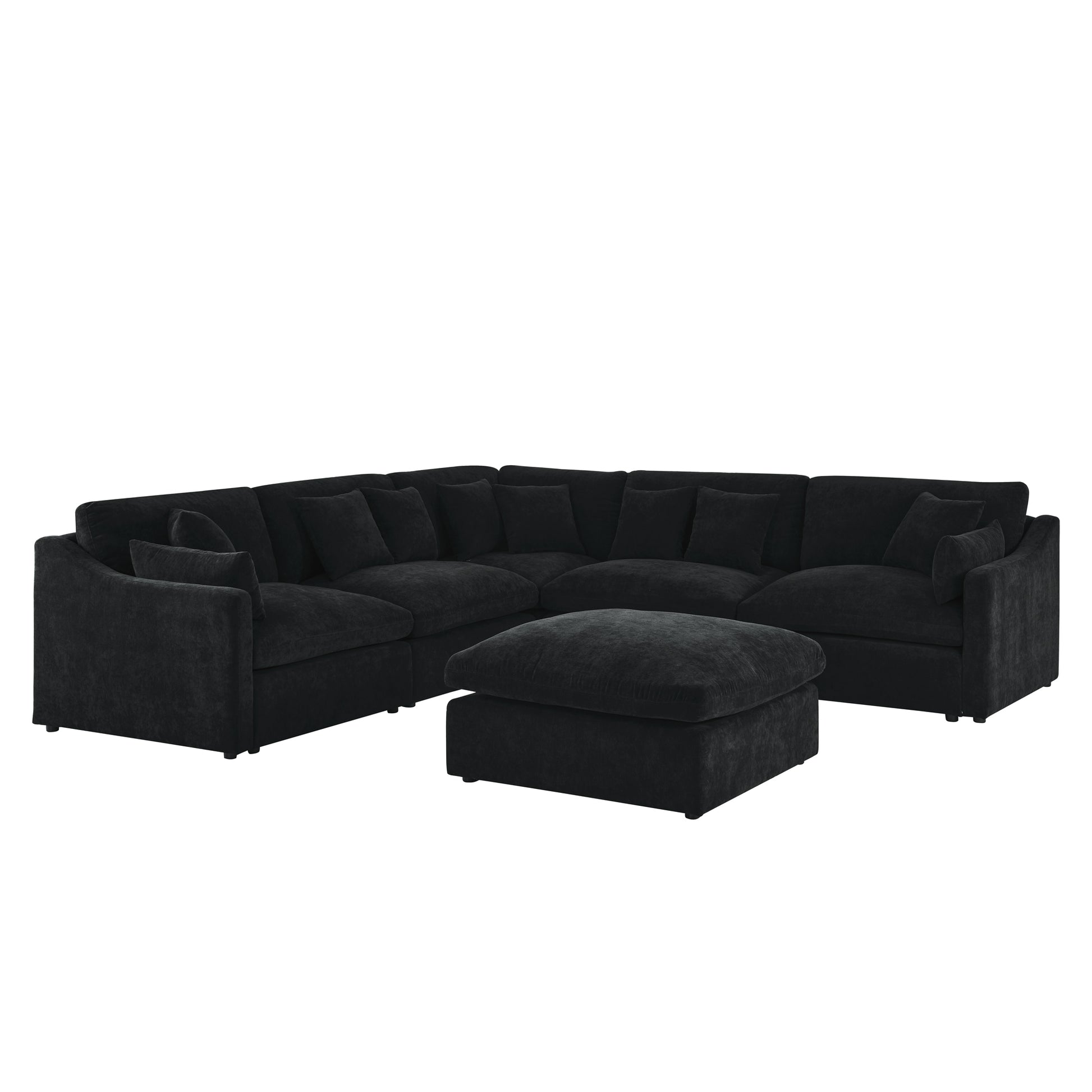 6 Seats Modular L Shaped Sectional Sofa With Ottoman,10 Pillows, Oversized Upholstered Couch W Removabled Down Filled Seat Cushion For Living Room, Chenille Black Black Chenille Wood Primary Living Space Soft Pillow Back Eucalyptus Square Arms Foam