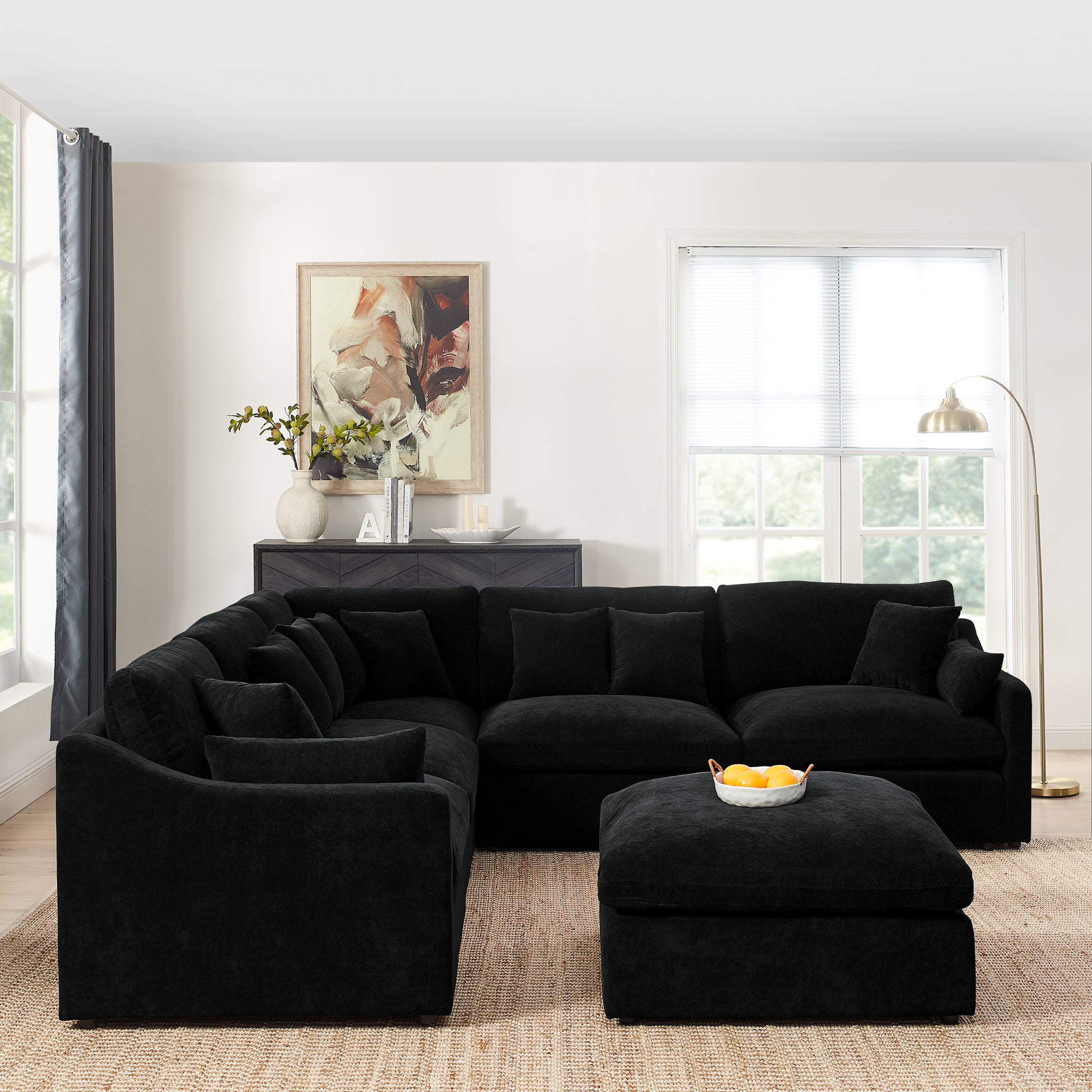 6 Seats Modular L Shaped Sectional Sofa With Ottoman,10 Pillows, Oversized Upholstered Couch W Removabled Down Filled Seat Cushion For Living Room, Chenille Black Black Chenille Wood Primary Living Space Soft Pillow Back Eucalyptus Square Arms Foam