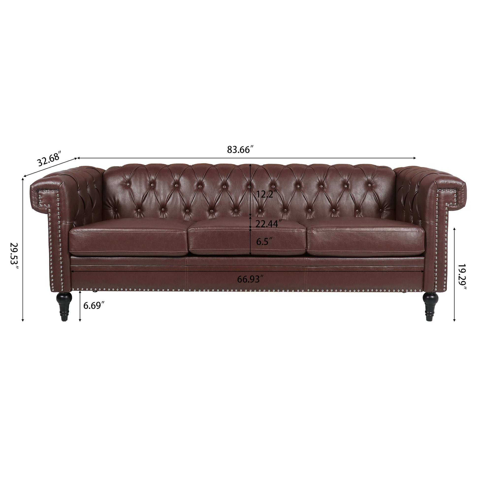 83.66 Inch Width Traditional Square Arm Removable Cushion 3 Seater Sofa Dark Brown Pu Pu