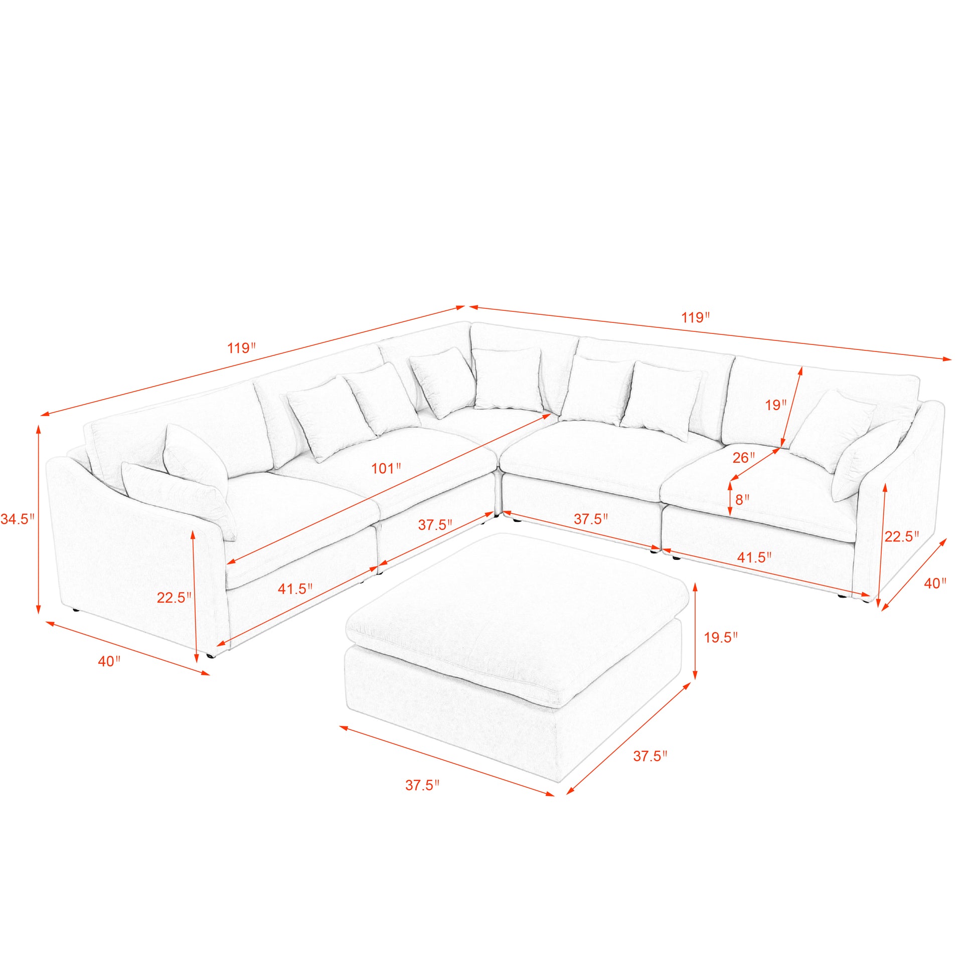 6 Seats Modular L Shaped Sectional Sofa With Ottoman,10 Pillows, Oversized Upholstered Couch W Removabled Down Filled Seat Cushion For Living Room, Chenille Black Black Chenille Wood Primary Living Space Soft Pillow Back Eucalyptus Square Arms Foam