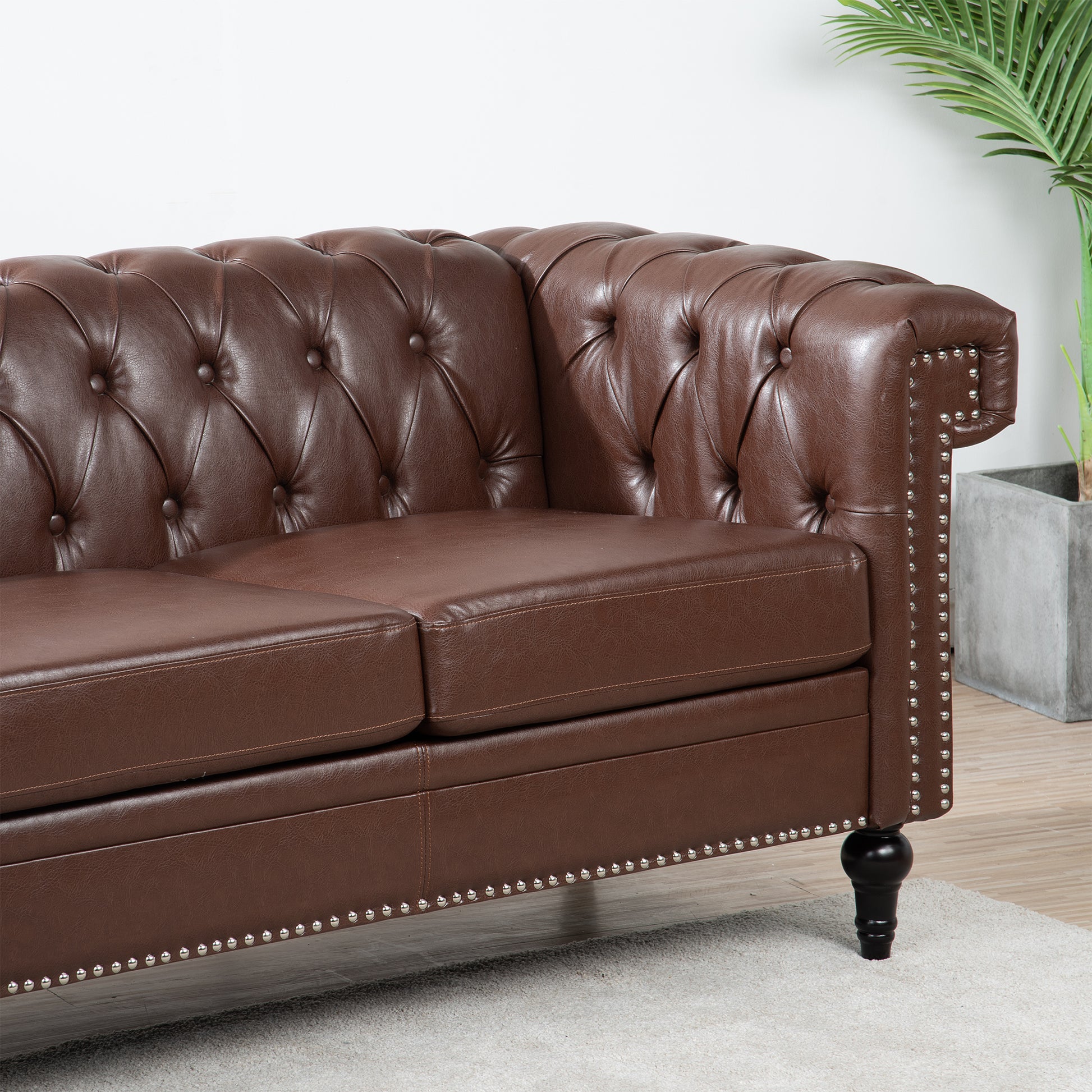 83.66 Inch Width Traditional Square Arm Removable Cushion 3 Seater Sofa Dark Brown Pu Pu