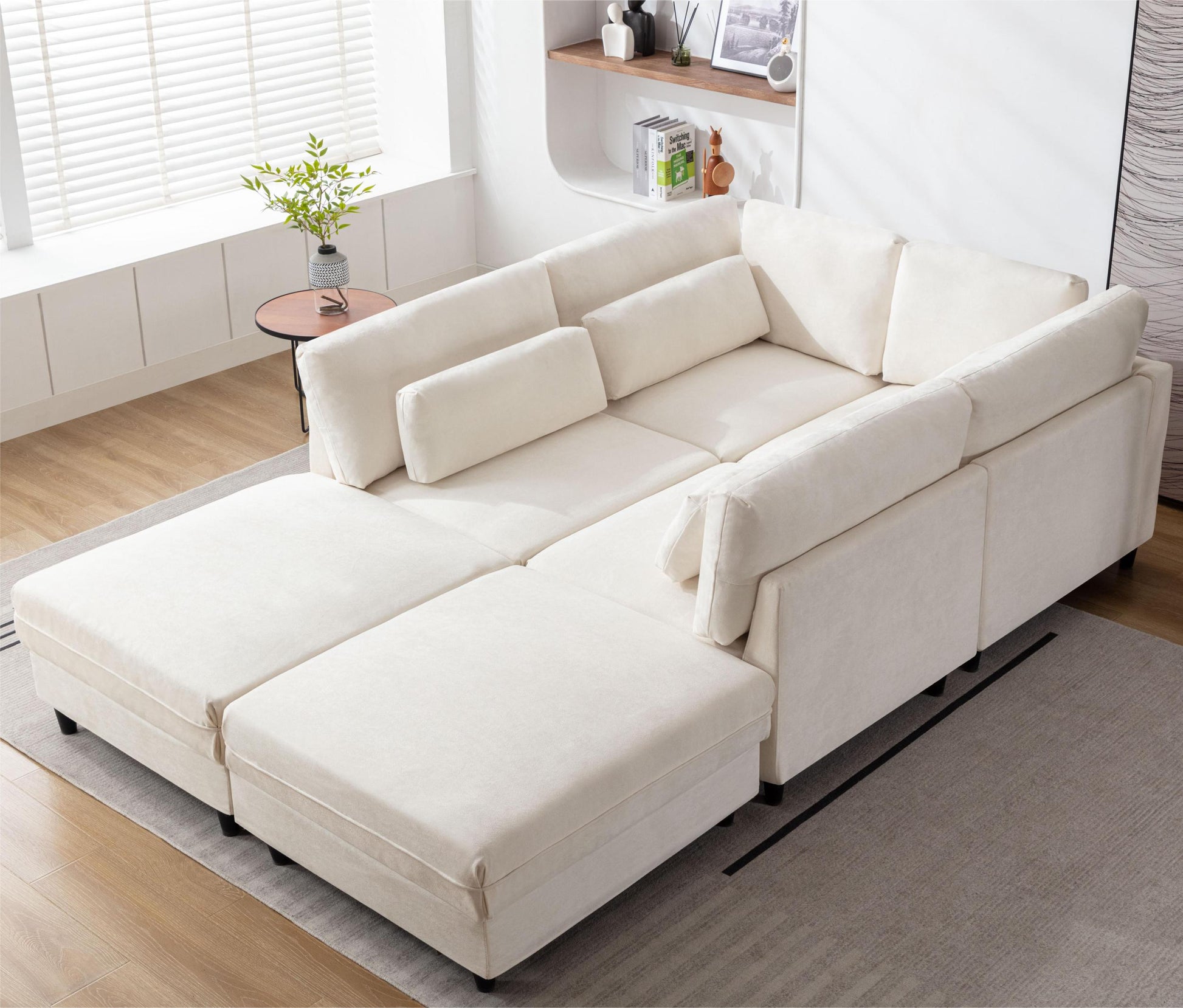 Oversized Modular Sectional Fabric Sofa Set With Waist Pillows, Extra Large U Shaped Couch With Reversible Chaise, 145 Inch Long, 6 Seat Modular Sofa With Ottamans Beige Light Brown Polyester Wood Primary Living Space Medium Soft Cushion Back Modern