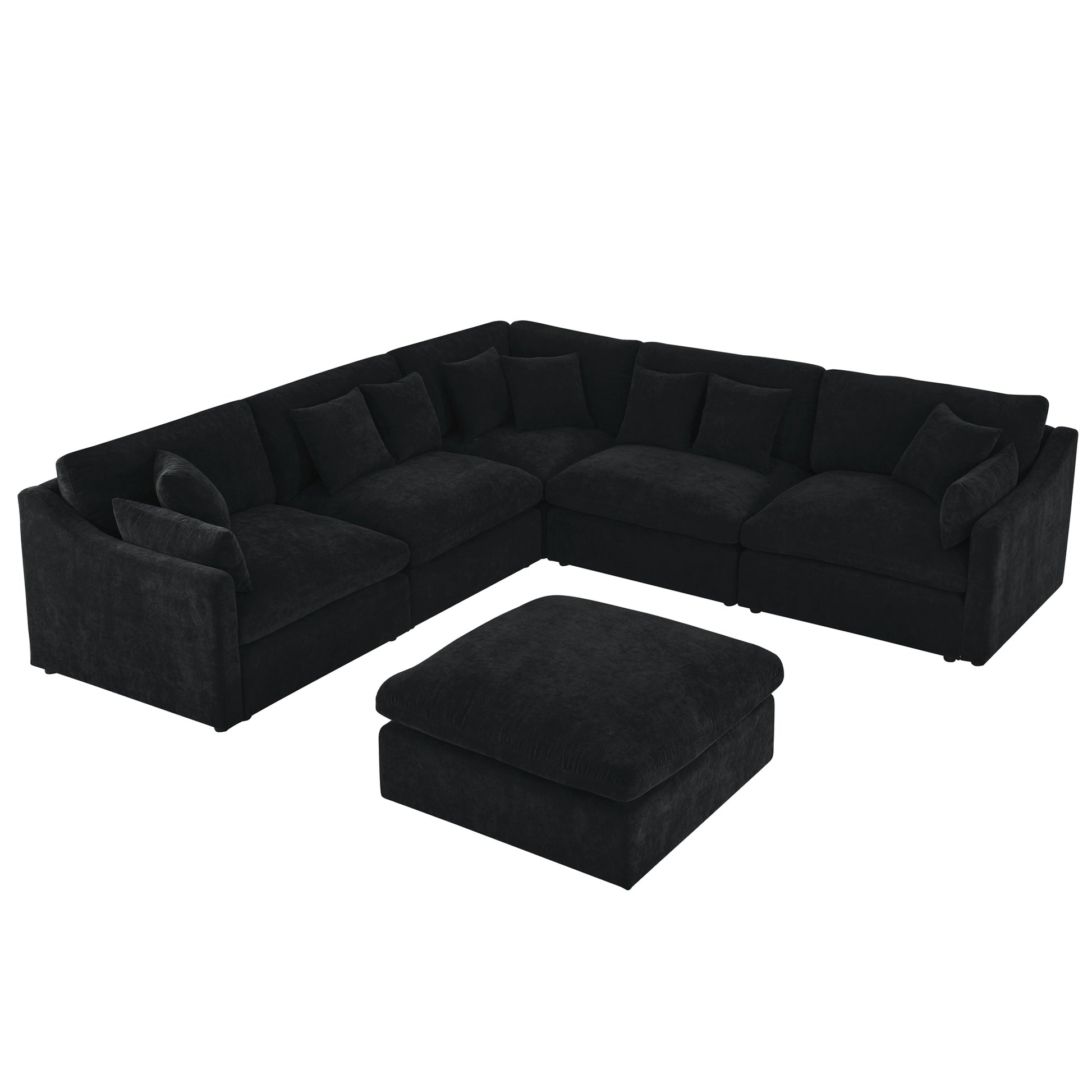 6 Seats Modular L Shaped Sectional Sofa With Ottoman,10 Pillows, Oversized Upholstered Couch W Removabled Down Filled Seat Cushion For Living Room, Chenille Black Black Chenille Wood Primary Living Space Soft Pillow Back Eucalyptus Square Arms Foam