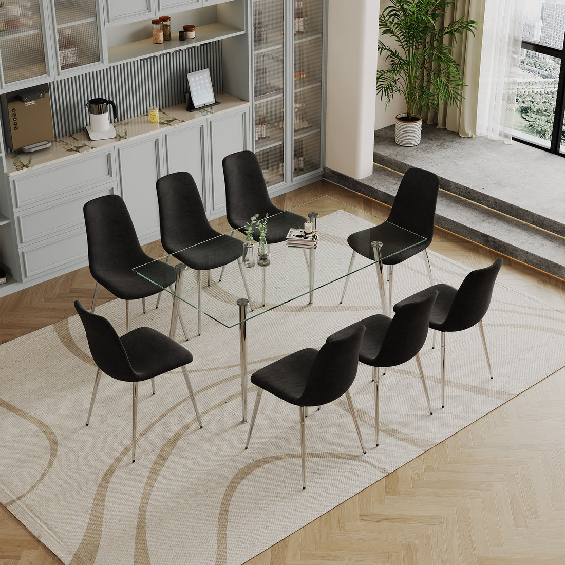 Dining Table Set Of 9, 0.32" Thick Tempered Glass Top Dining Table With Metal Legs And Eight Fabric Dining Chairs, Table Size: 62.99" L X 35.43" W X 29.92" H Silver Tempered Glass