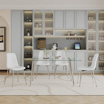 Dining Table Set Of 5, 0.32" Thick Tempered Glass Top Dining Table With Metal Legs And Four Fabric Dining Chairs, Table Size: 62.99" L X 35.43" W X 29.92" H Silver Tempered Glass