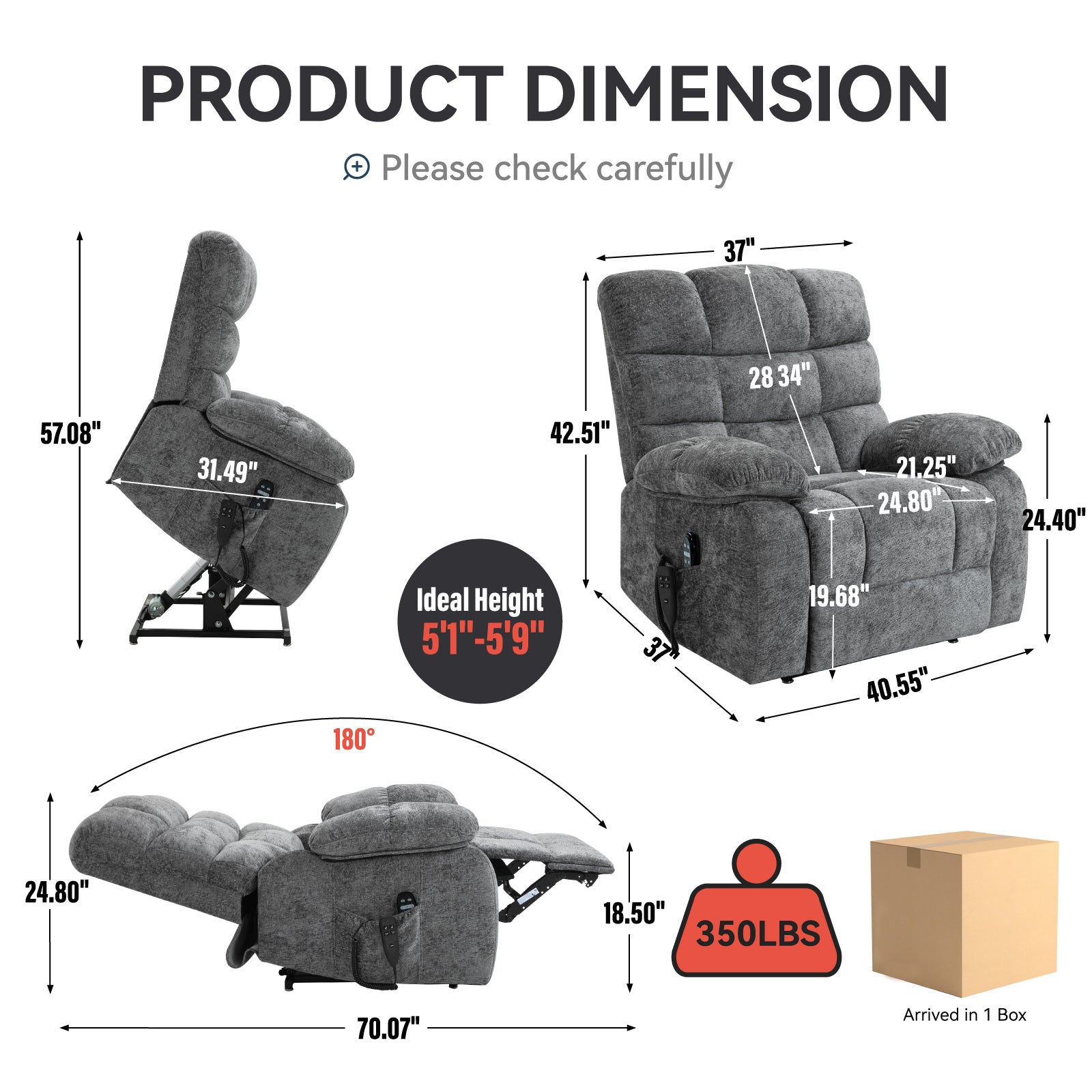Lift Recliner Chair Heat Massage Dual Motor Infinite Position Up To 350 Lbs Large Electric Power Lift Recliners With Power Remote, Medium Firm And Heavy Duty, Grey White Metal Primary Living Space