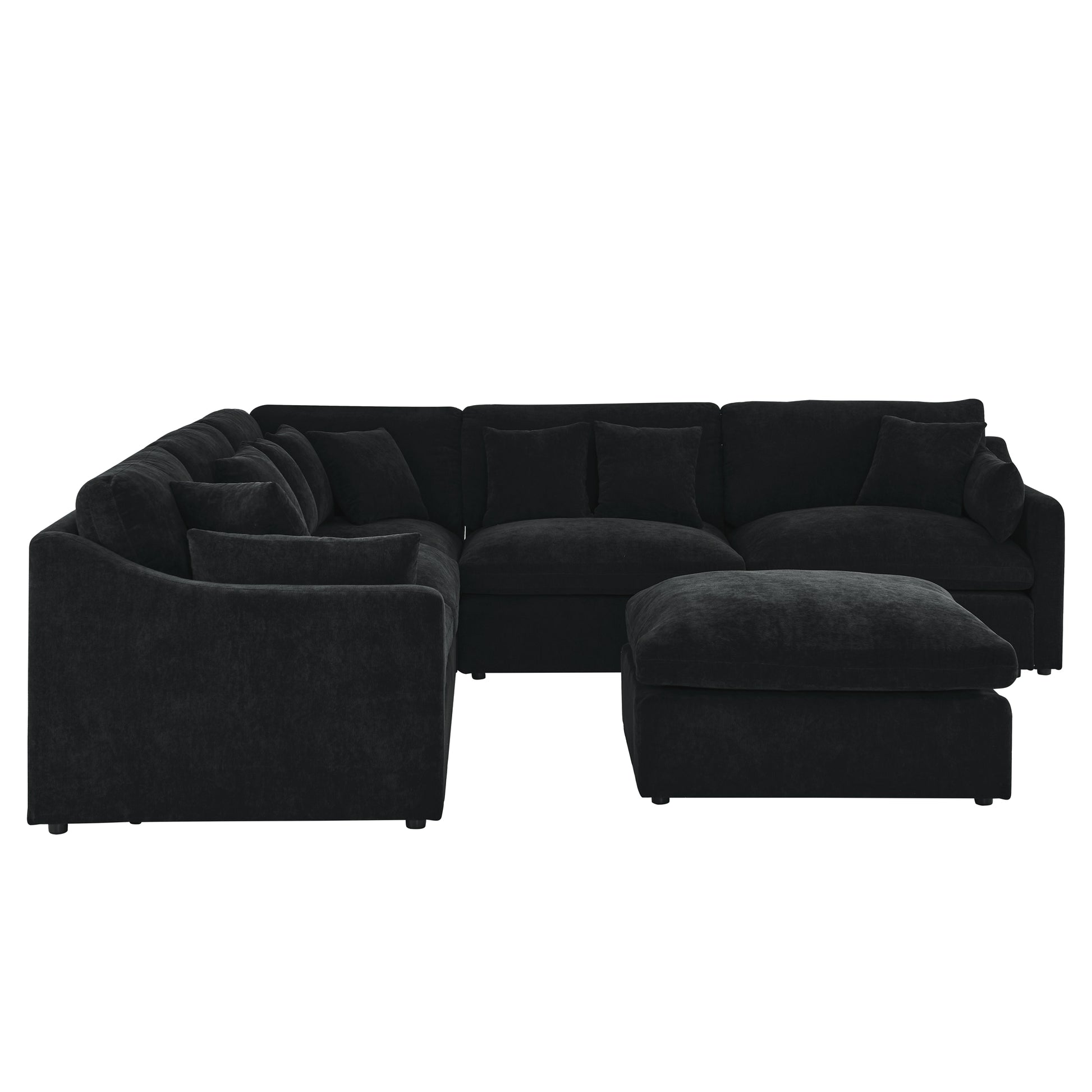 6 Seats Modular L Shaped Sectional Sofa With Ottoman,10 Pillows, Oversized Upholstered Couch W Removabled Down Filled Seat Cushion For Living Room, Chenille Black Black Chenille Wood Primary Living Space Soft Pillow Back Eucalyptus Square Arms Foam