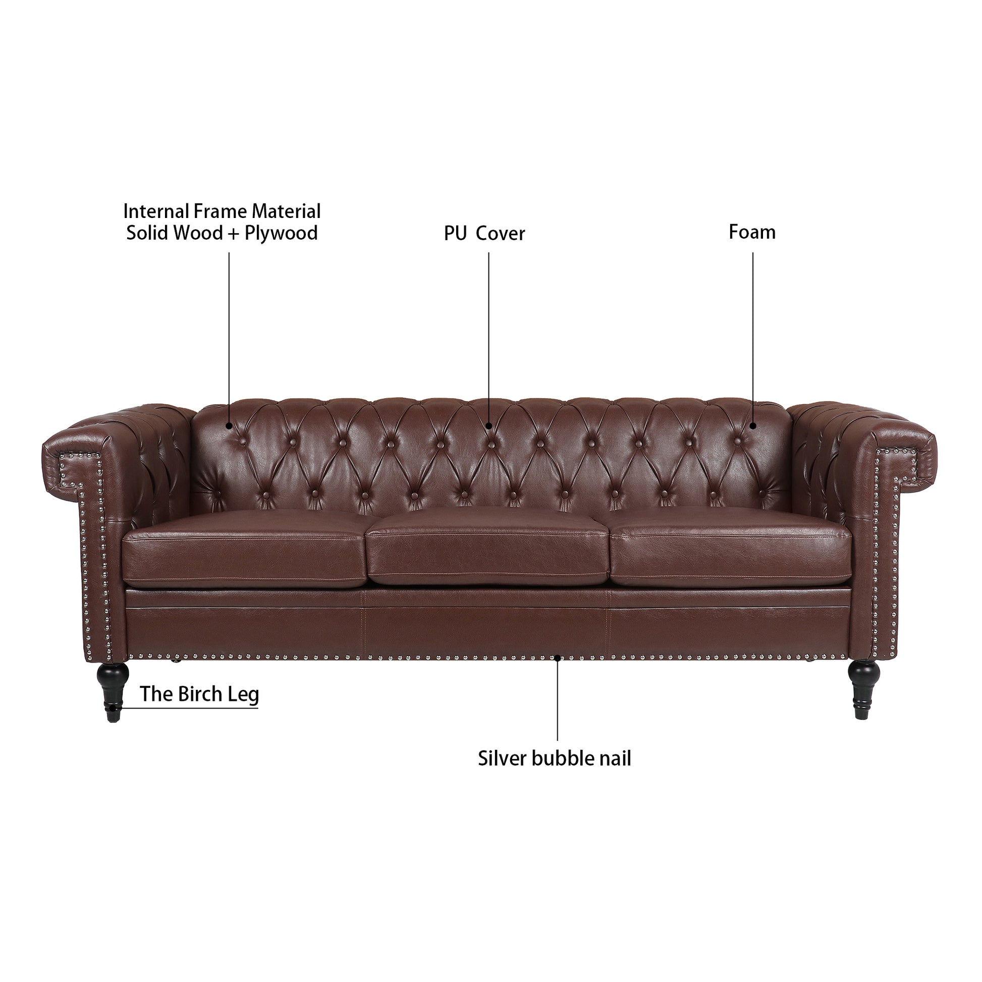 83.66 Inch Width Traditional Square Arm Removable Cushion 3 Seater Sofa Dark Brown Pu Pu