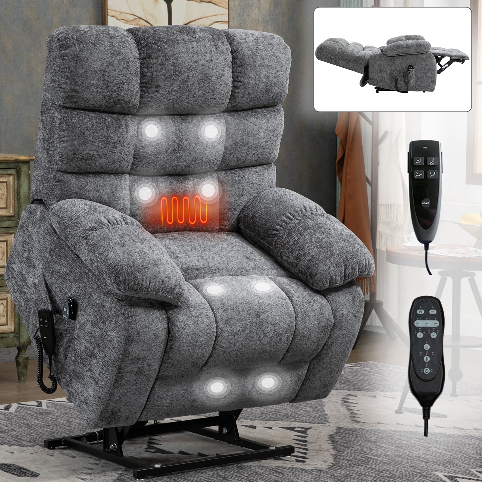 Lift Recliner Chair Heat Massage Dual Motor Infinite Position Up To 350 Lbs Large Electric Power Lift Recliners With Power Remote, Medium Firm And Heavy Duty, Grey White Metal Primary Living Space