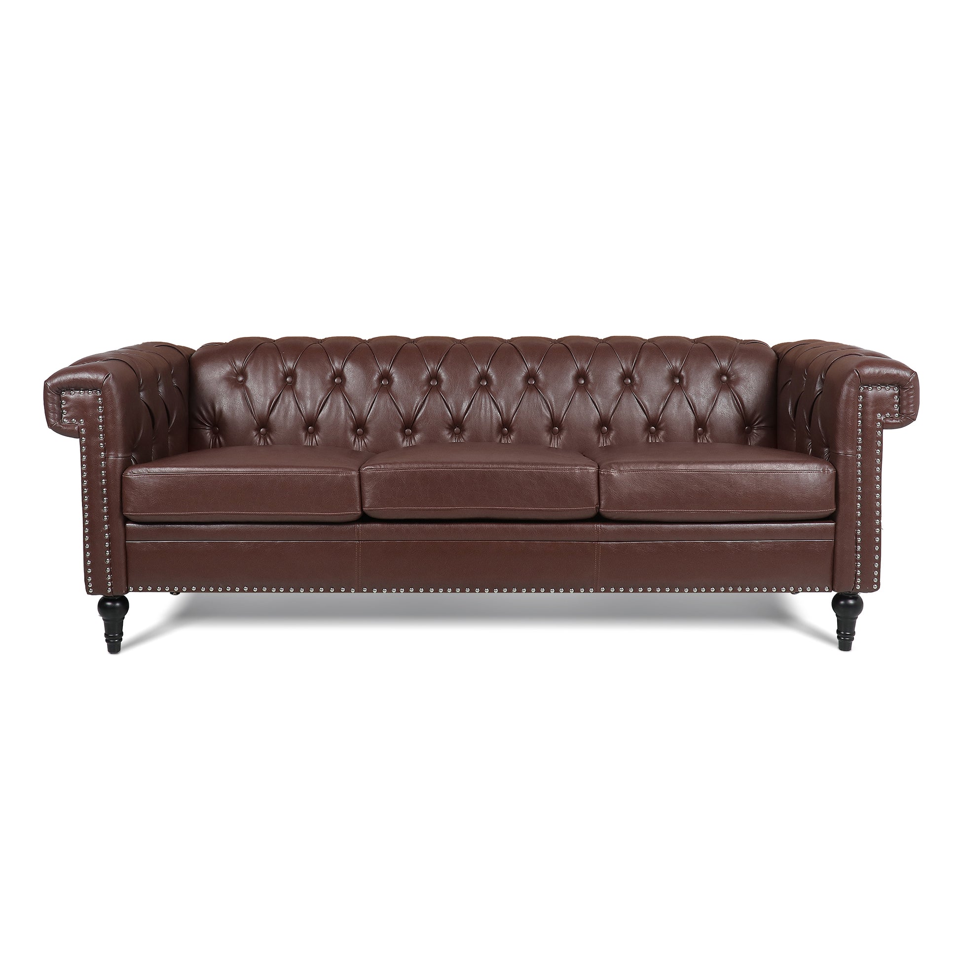 83.66 Inch Width Traditional Square Arm Removable Cushion 3 Seater Sofa Dark Brown Pu Pu
