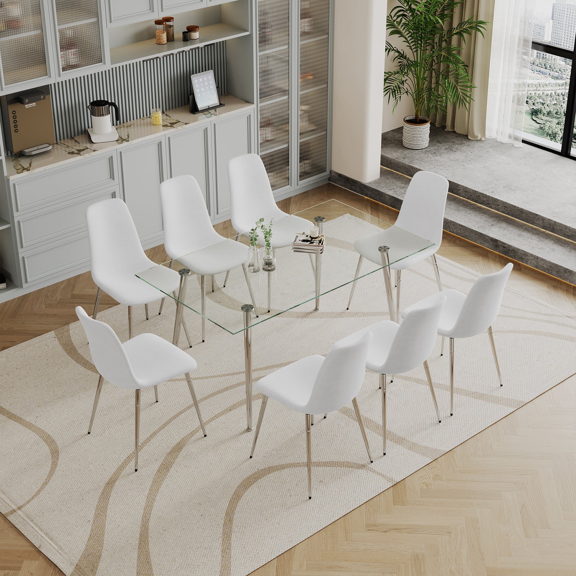 Dining Table Set Of 9, 0.32" Thick Tempered Glass Top Dining Table With Metal Legs And Eight Fabric Dining Chairs, Table Size: 62.99" L X 35.43" W X 29.92" H Silver Tempered Glass