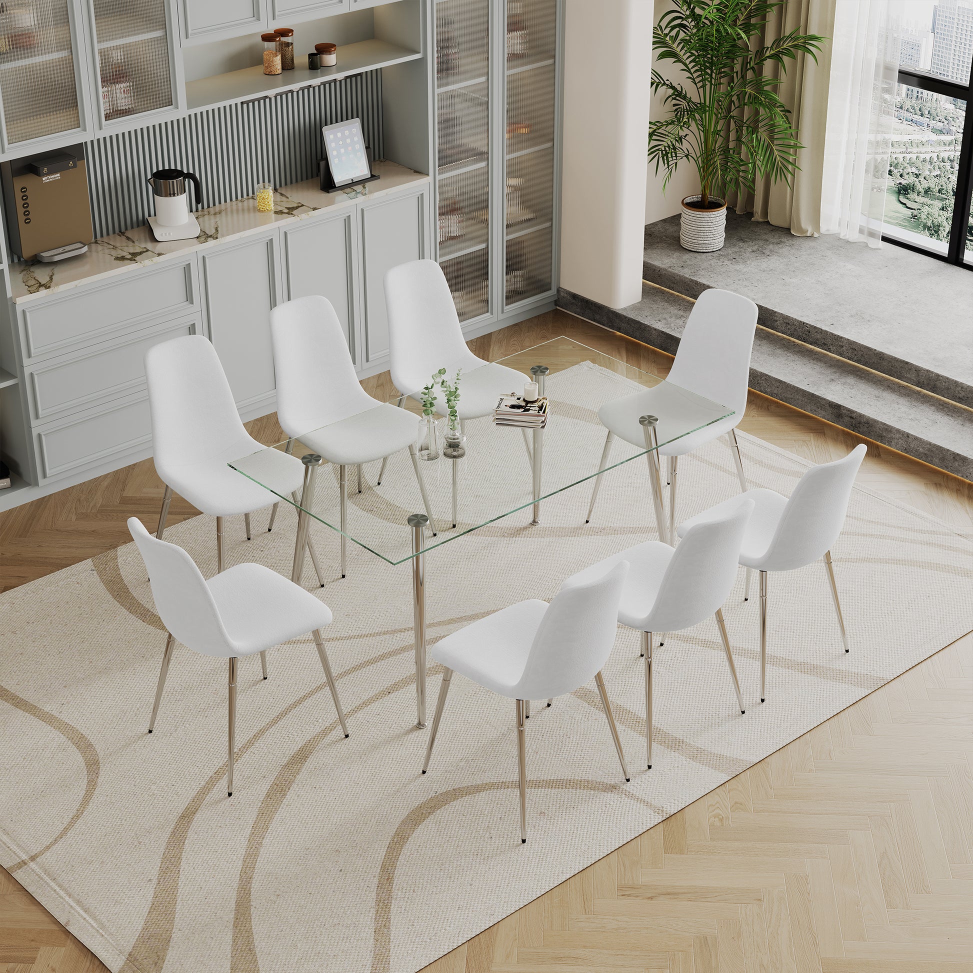 Dining Table Set Of 9, 0.32" Thick Tempered Glass Top Dining Table With Metal Legs And Eight Fabric Dining Chairs, Table Size: 62.99" L X 35.43" W X 29.92" H Silver Tempered Glass