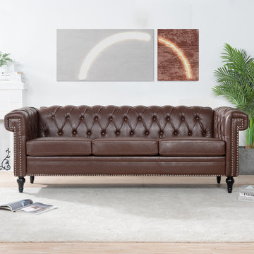 83.66 Inch Width Traditional Square Arm Removable Cushion 3 Seater Sofa Dark Brown Pu Pu