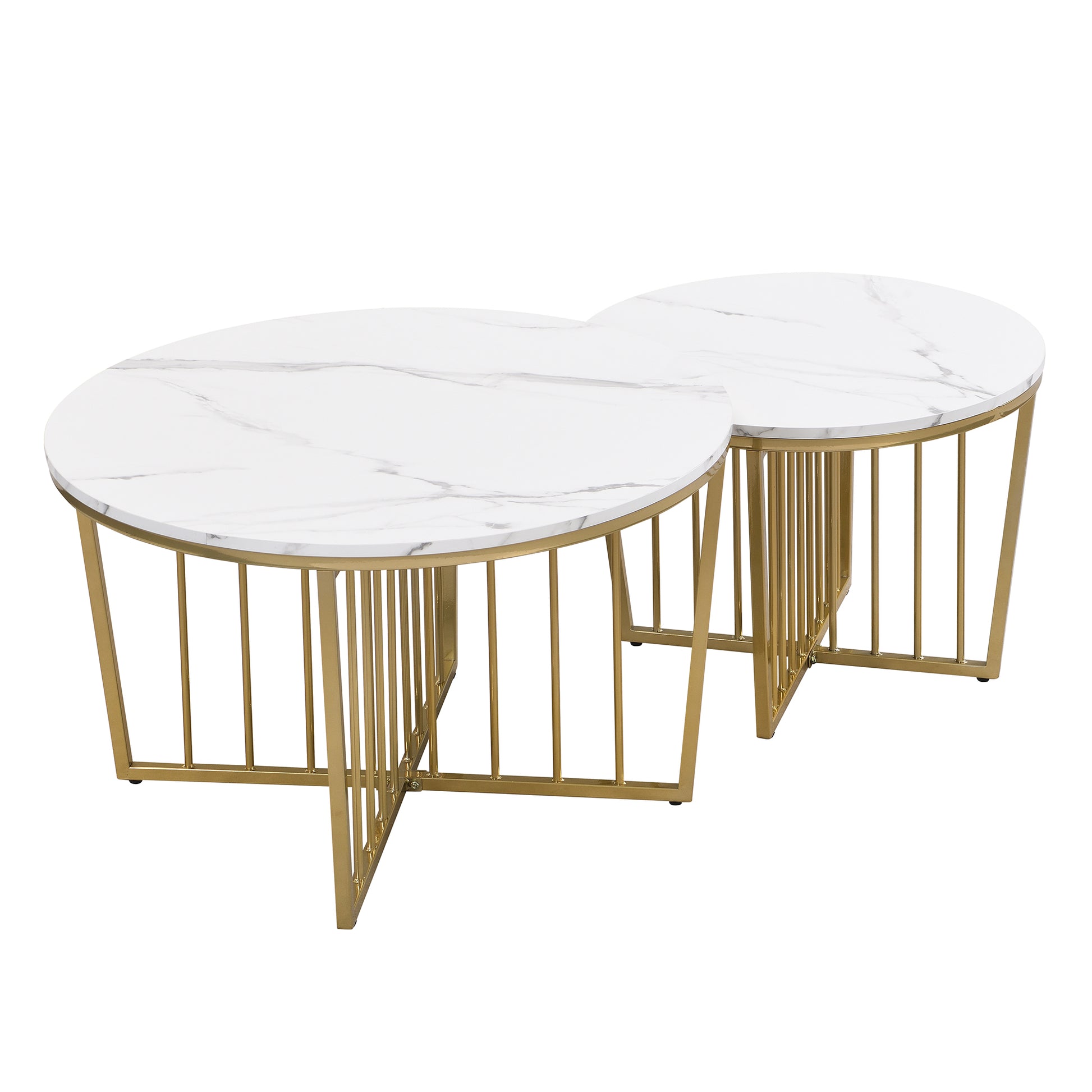 Modern Round Nesting Coffee Table Set 2 Piece White & Marbling Top Gold Base White Mdf