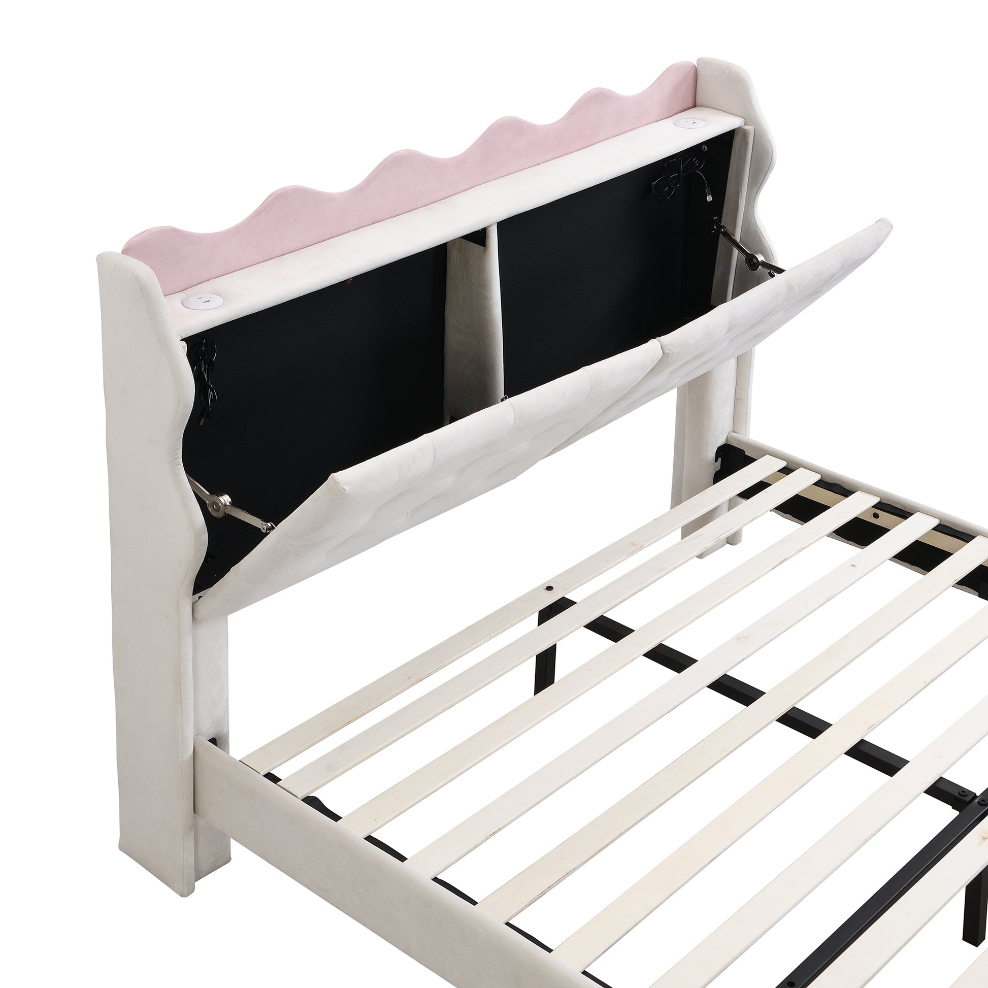 Full Size Upholstery Platform Bed Frame With Led Light Strips,Headboard Storage Space And Two Usb Charging Deisgn,Beige Beige Upholstered