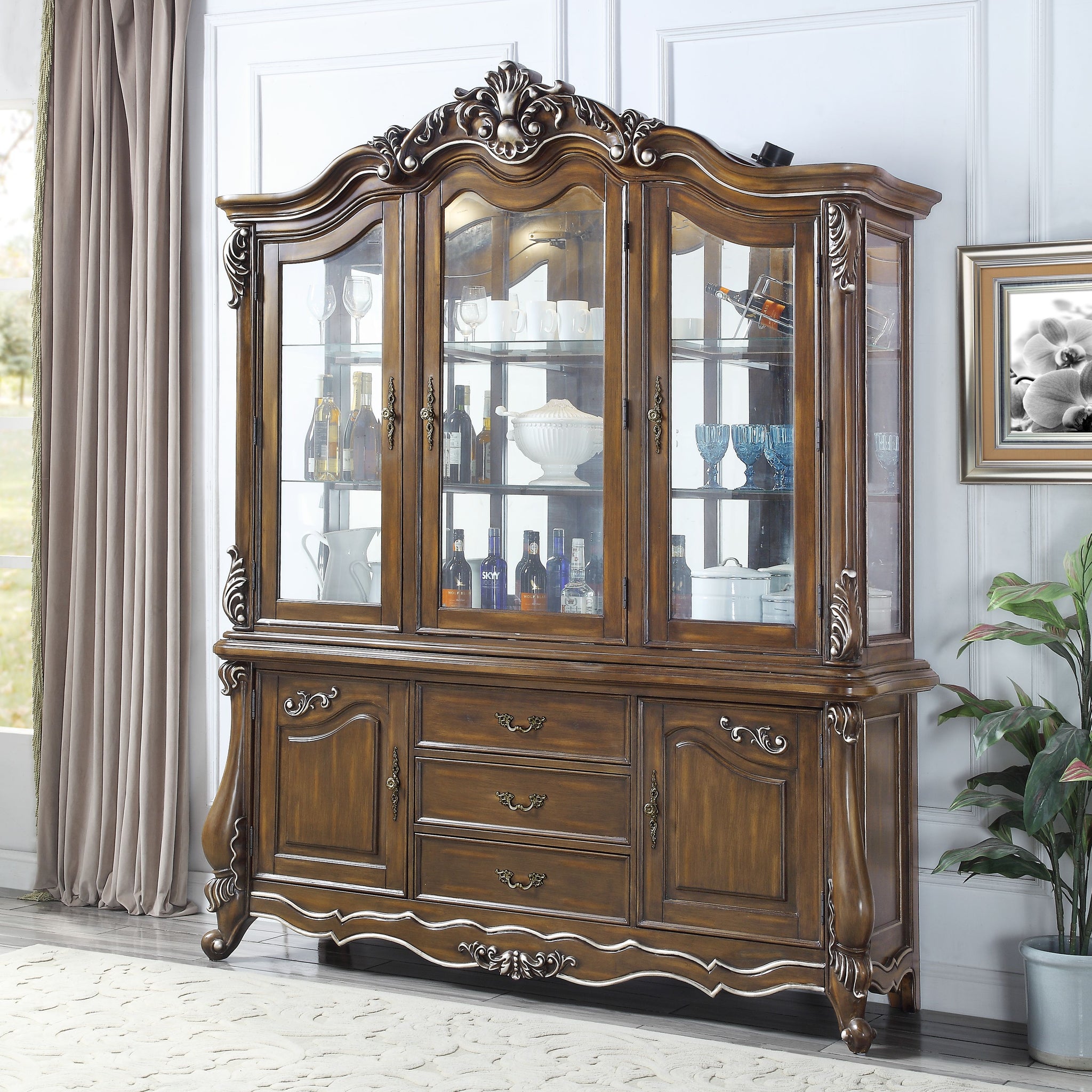 Latisha Buffet & Hutch Antique Oak Finish Dn01360 Oak Solid Wood Mdf