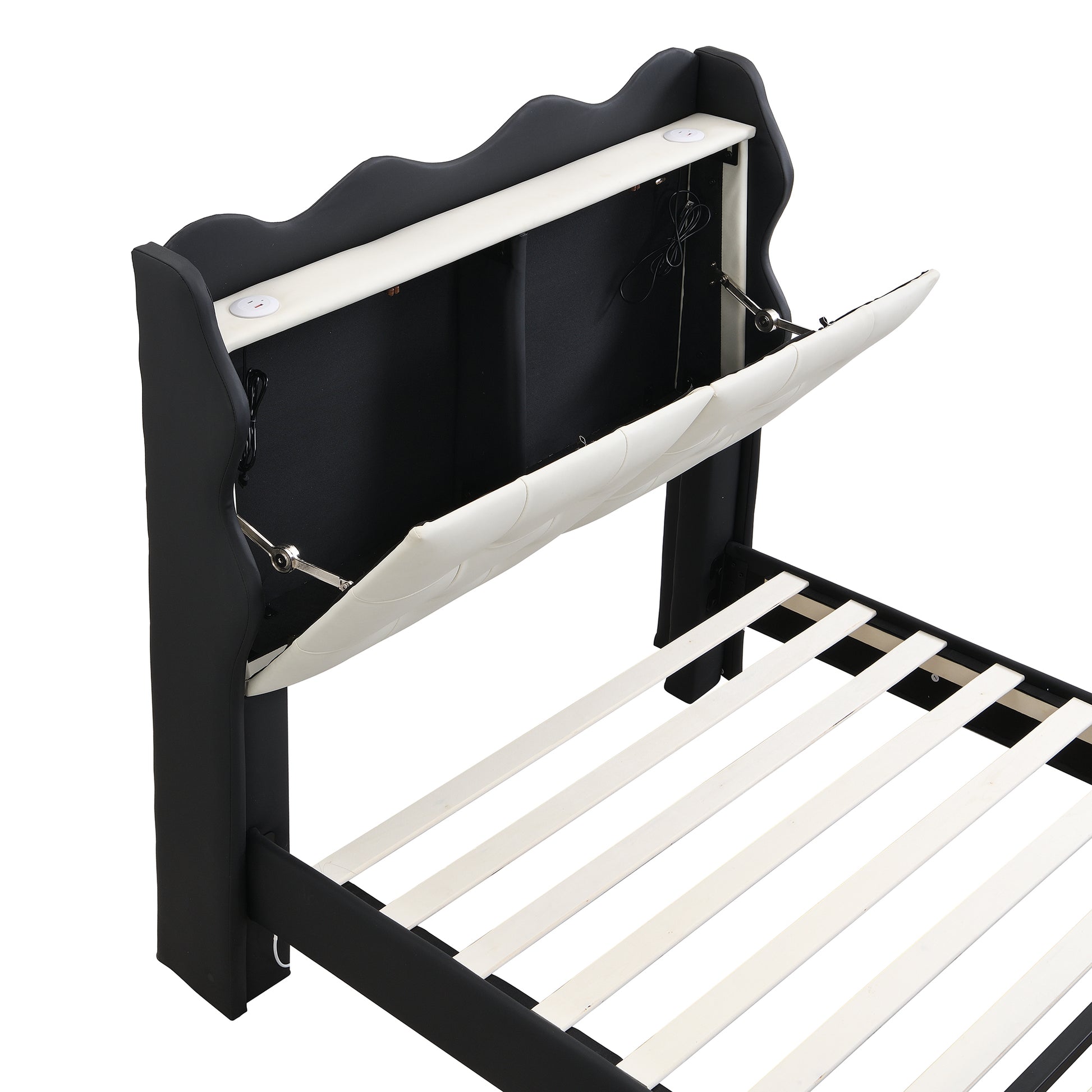Twin Size Upholstery Platform Bed Frame With Led Light Strips,Headboard Storage Space And Two Usb Charging Deisgn,Black Black Upholstered