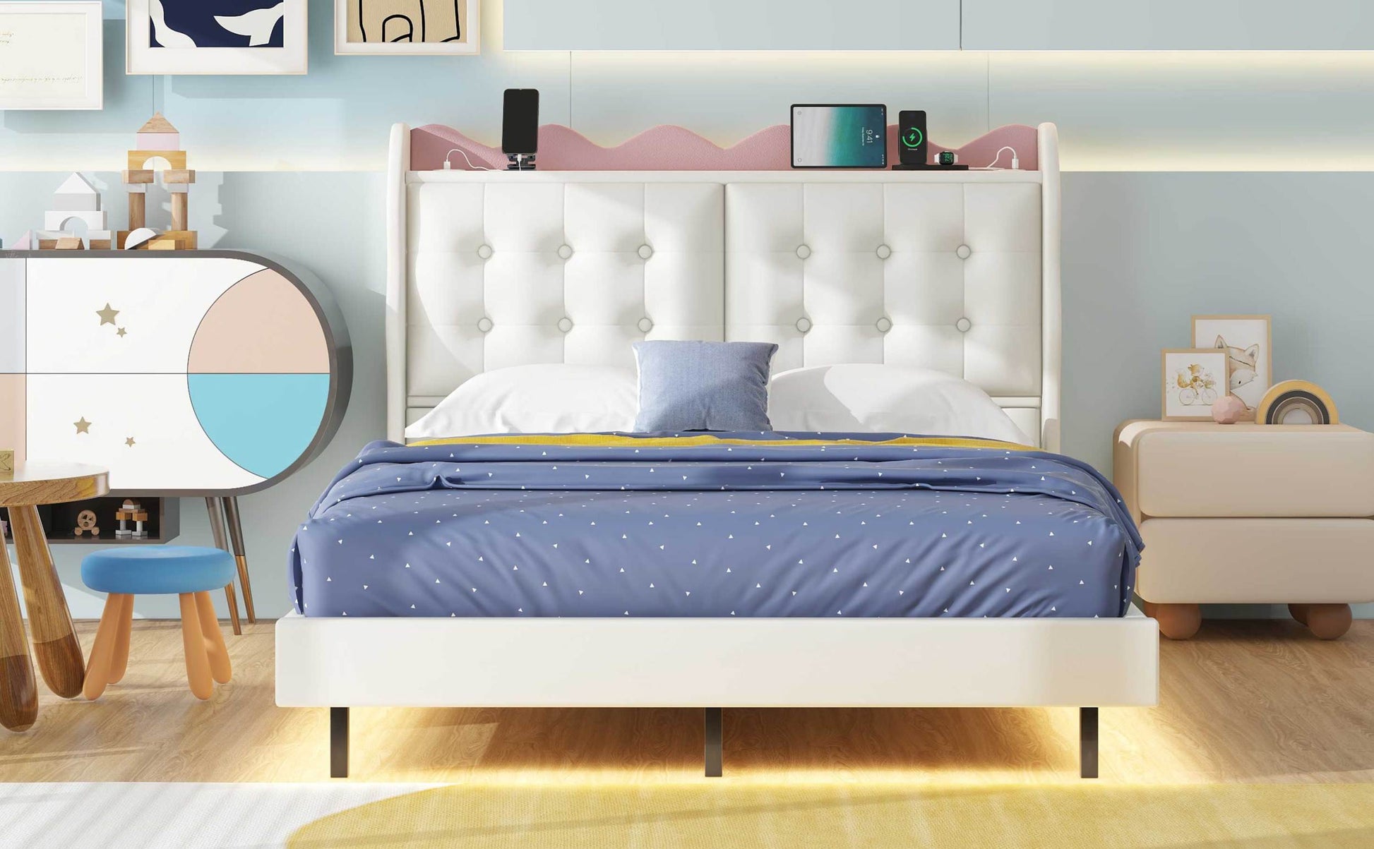 Full Size Upholstery Platform Bed Frame With Led Light Strips,Headboard Storage Space And Two Usb Charging Deisgn,Beige Beige Upholstered