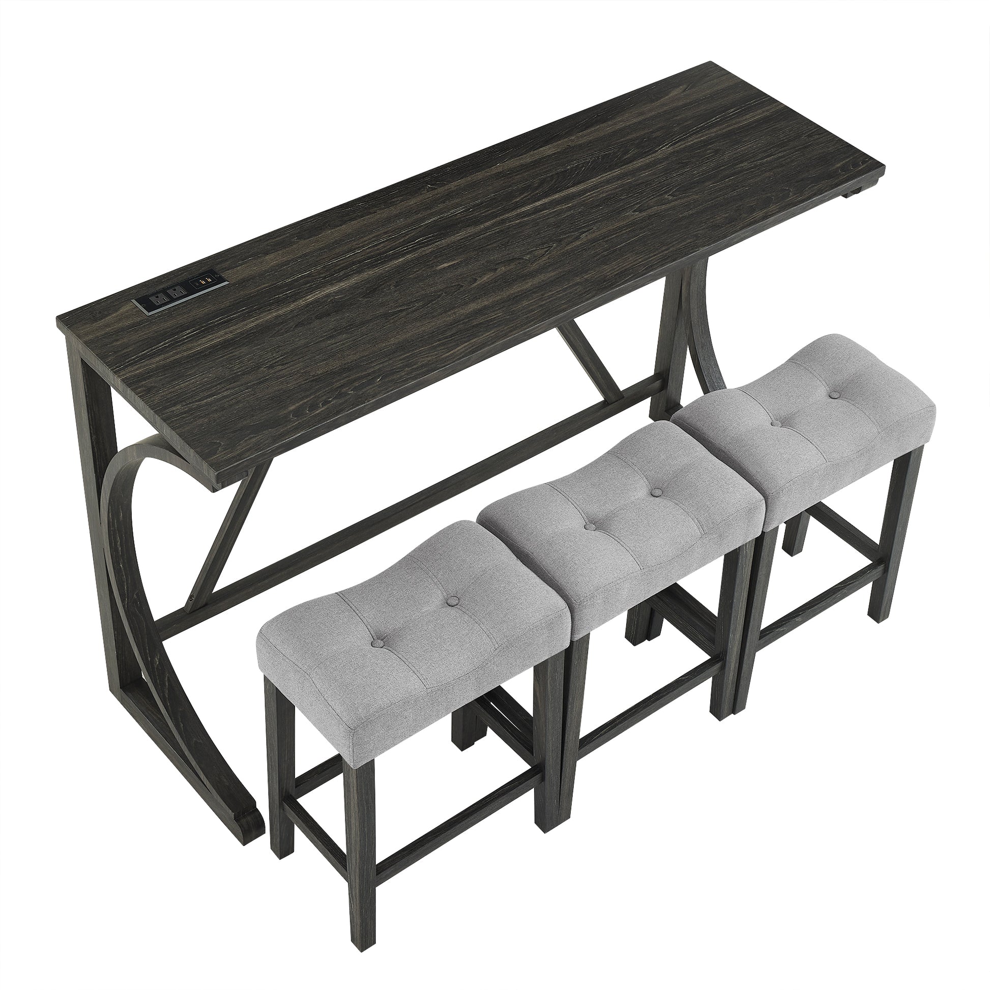 Bar Table Set With Power Outlet, Bar Table And Chairs Set, 4 Piece Dining Table Set, Industrial Breakfast Table Set, For Living Room, Dining Room, Game Room Grey Black Solid Wood Mdf
