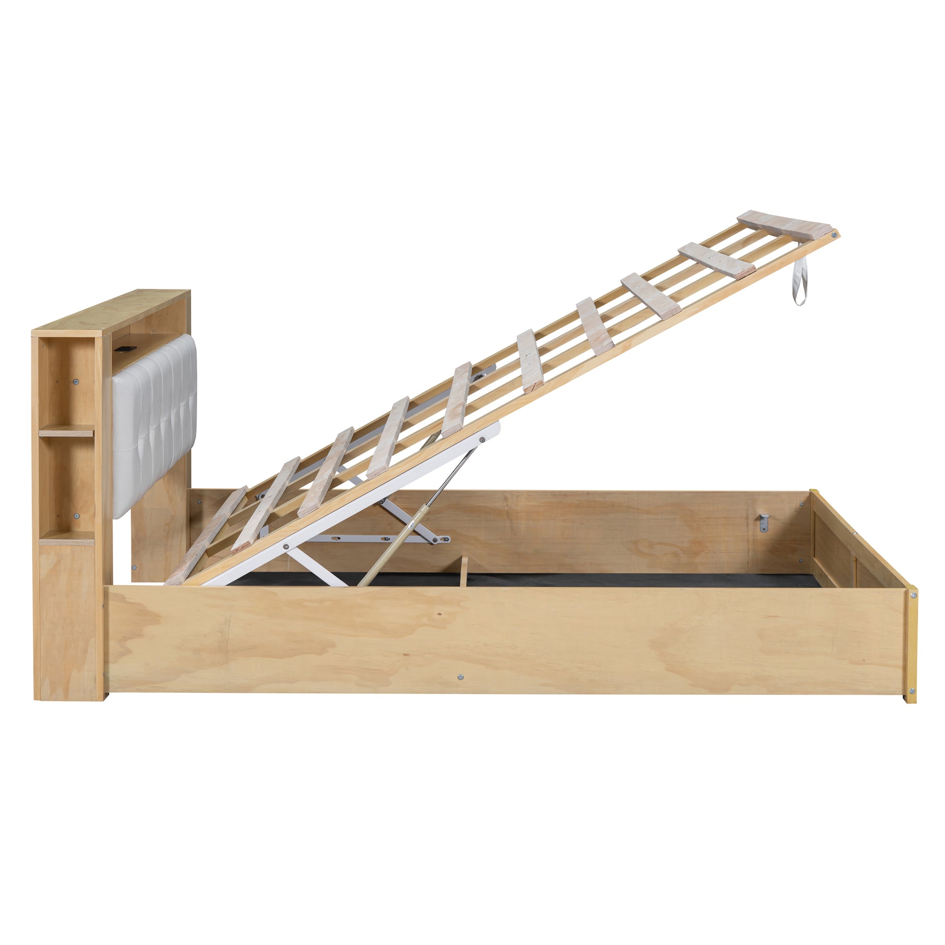 Queen Size Tufted Upholstered Platform Bed With Storage Headboard And Hydraulic Storage System, Modern Pu Storage Bed With Motion Activated Night Lights And Usb Charger,Natural Natural Wood