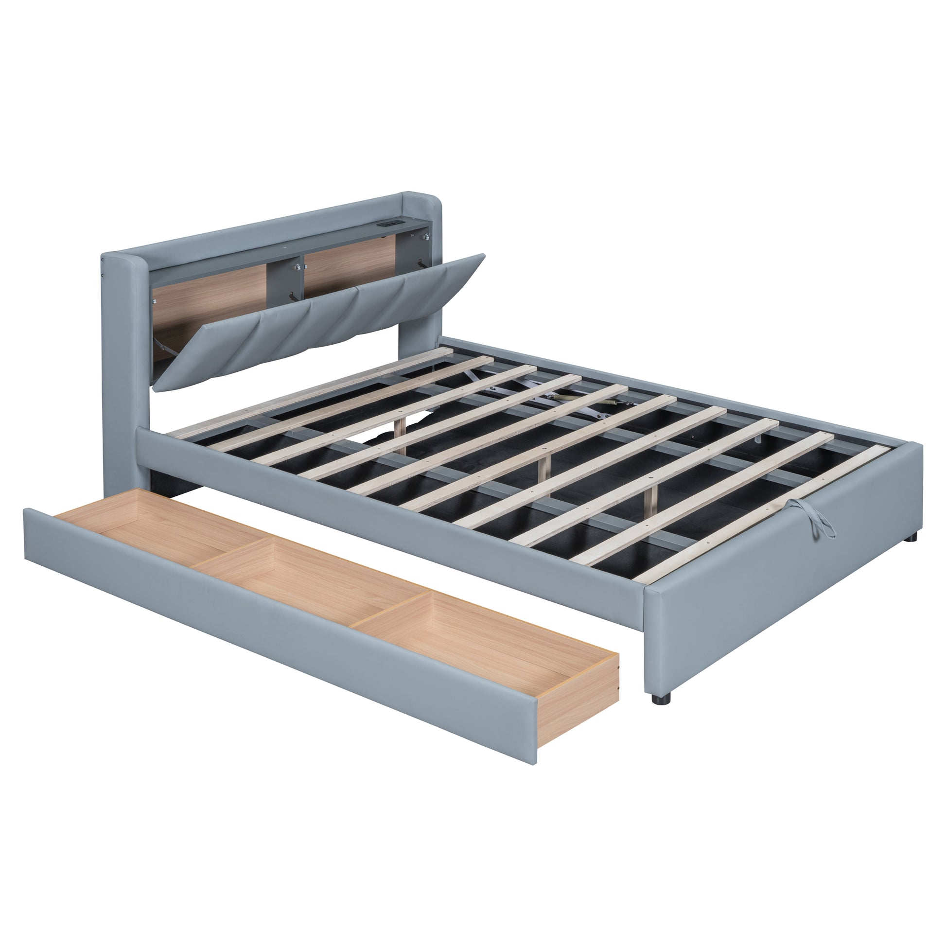 Queen Size & Twin Xl Size Upholstered Platform Bed, Mother & Child Bed With Hydraulic Storage System, Drawer Box, Bedhead Storage Shelf And Two Pairs Of Sockets & Usb Ports, Pu Leather, Gray Gray Pu Leather