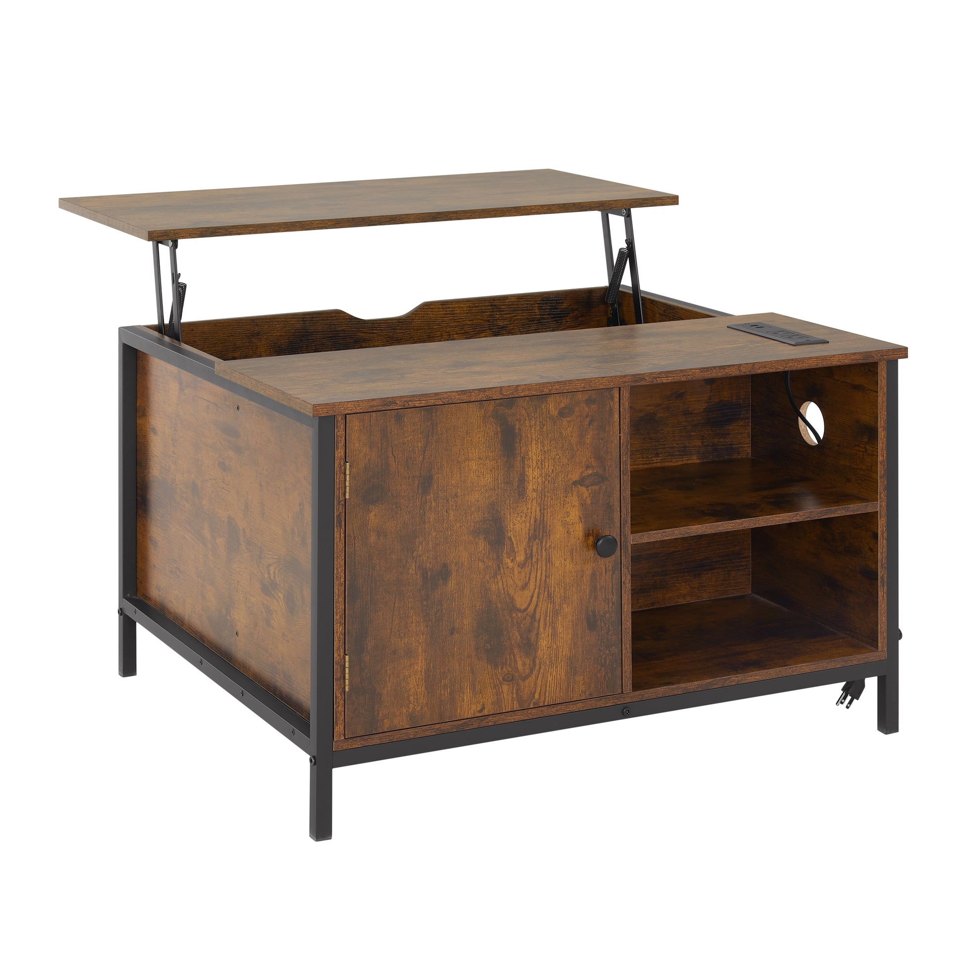 Lift Top Coffee Table, Multi Function Coffee Table With Hidden Compartment, Modern Lift Tabletop Dining Table For Living Room Reception Home Office, Rustic Brown Antique Brown Metal & Wood
