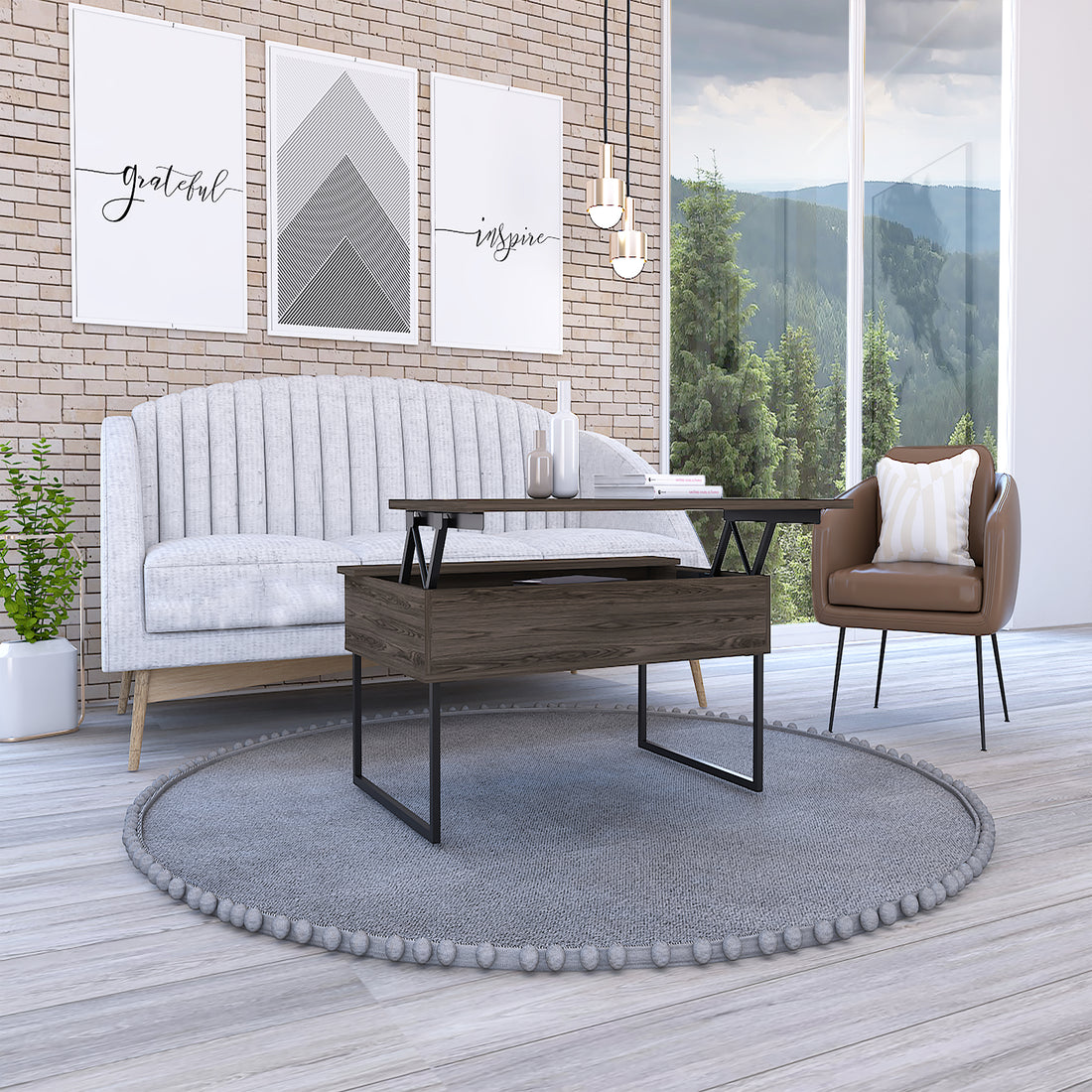 Viena Lift Top Coffee Table, Flexible Shelf, Two Legsdark Walnut Brown Particle Board Particle Board