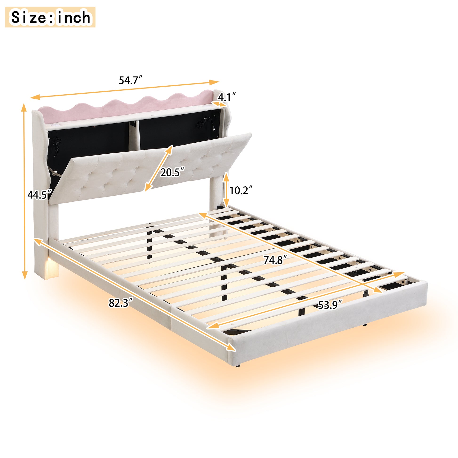 Full Size Upholstery Platform Bed Frame With Led Light Strips,Headboard Storage Space And Two Usb Charging Deisgn,Beige Beige Upholstered