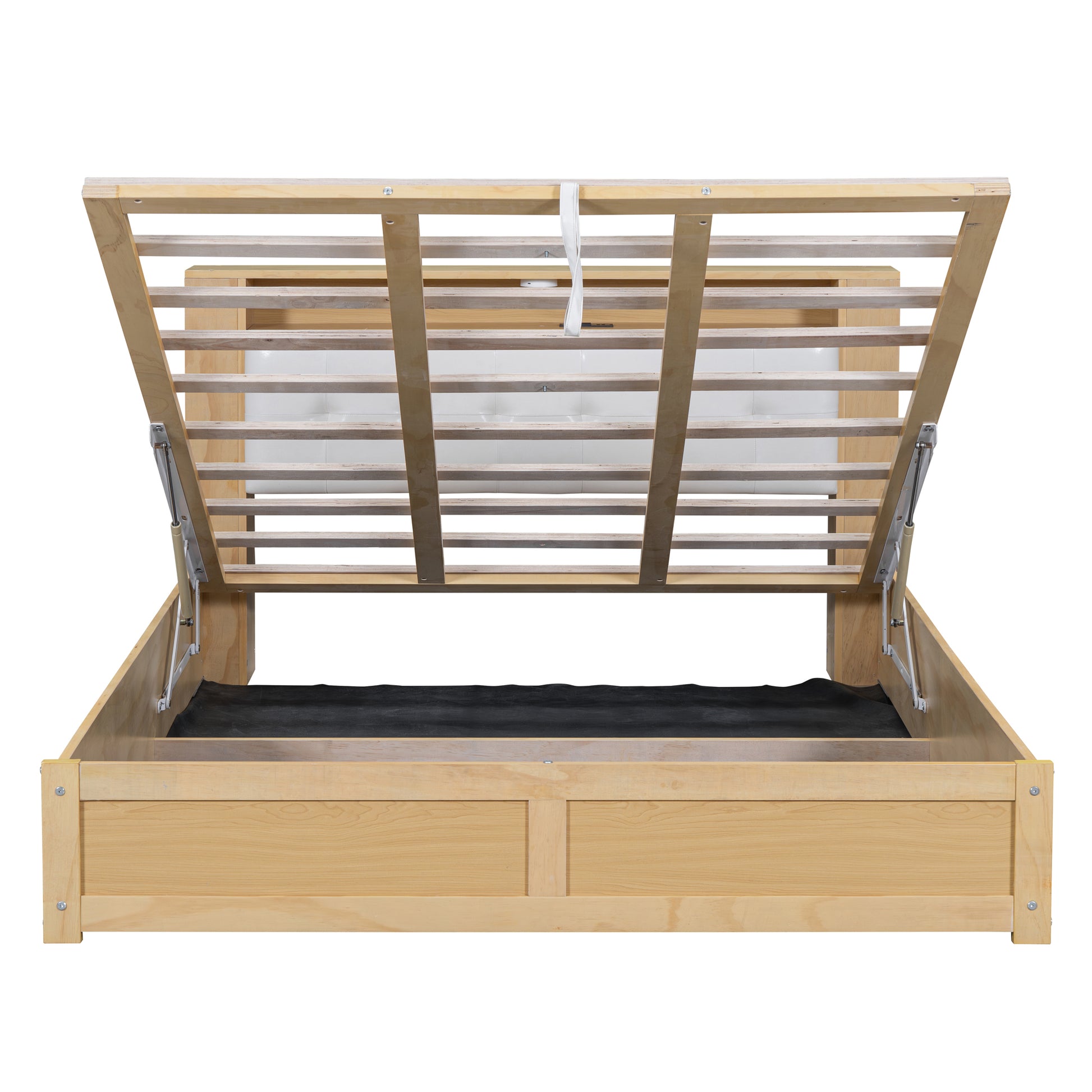 Queen Size Tufted Upholstered Platform Bed With Storage Headboard And Hydraulic Storage System, Modern Pu Storage Bed With Motion Activated Night Lights And Usb Charger,Natural Natural Wood