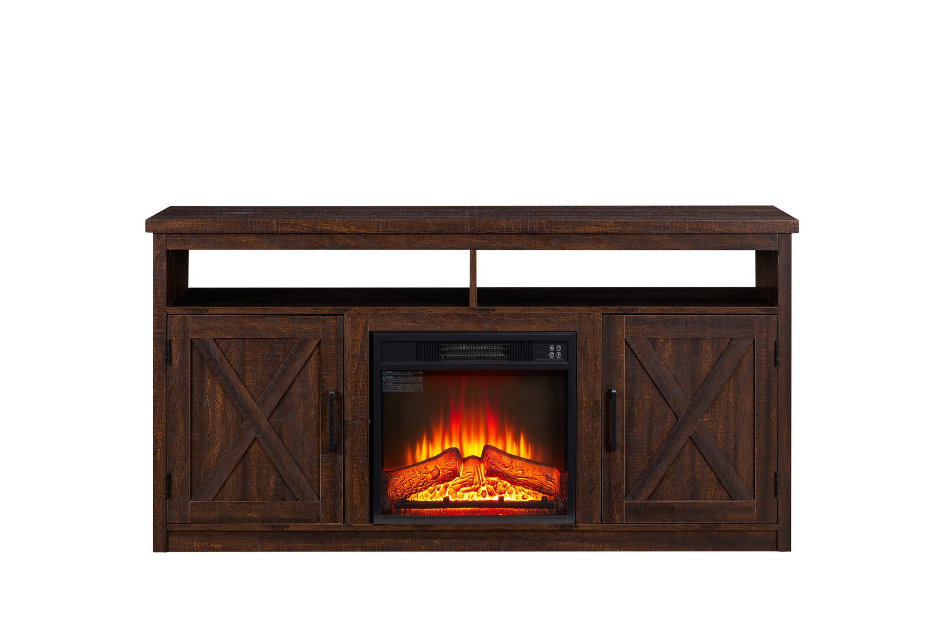 Farmhouse Tv Media Stand, Large Barn Inspired Home Entertainment Console, With 18" Fireplace Insert, For Tv Up To 65'', With Open Shelves And Closed Cabinets, Espresso 57.87*15.75*30.31 Espresso Mdf