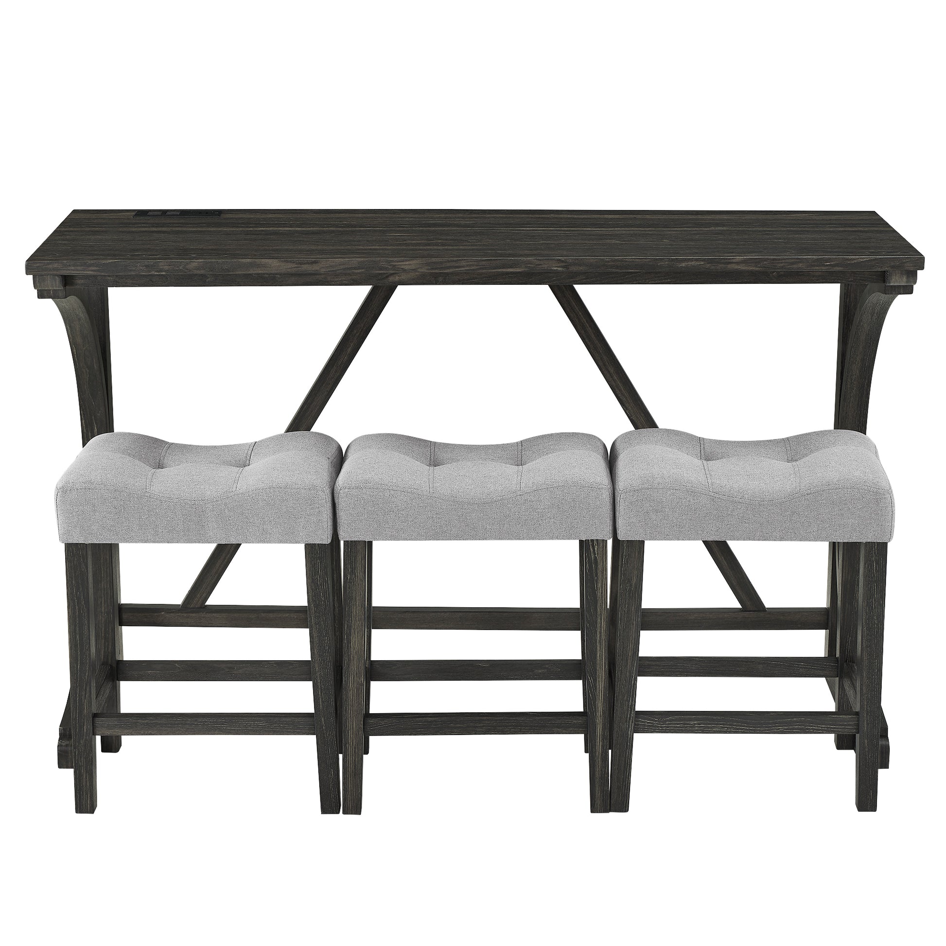 Bar Table Set With Power Outlet, Bar Table And Chairs Set, 4 Piece Dining Table Set, Industrial Breakfast Table Set, For Living Room, Dining Room, Game Room Grey Black Solid Wood Mdf