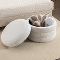 007 Boucle Fabric Storage Round Ottoman Footstool With Wooden Shelving,Ivory White Wood Primary Living Space White Solid Eucalyptus Wood With Storage Ivory Backless Soft Modern Flip Top Round