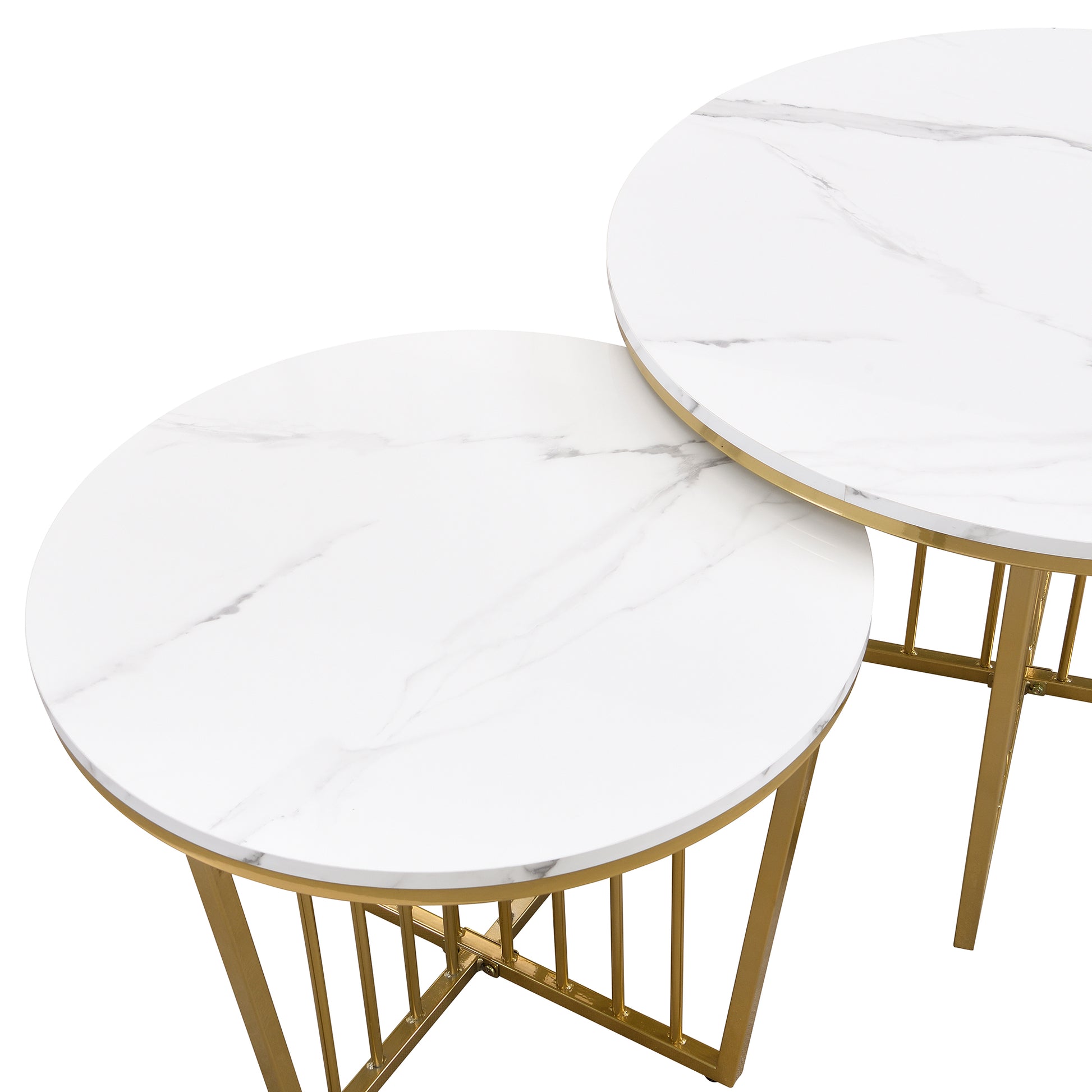 Modern Round Nesting Coffee Table Set 2 Piece White & Marbling Top Gold Base White Mdf