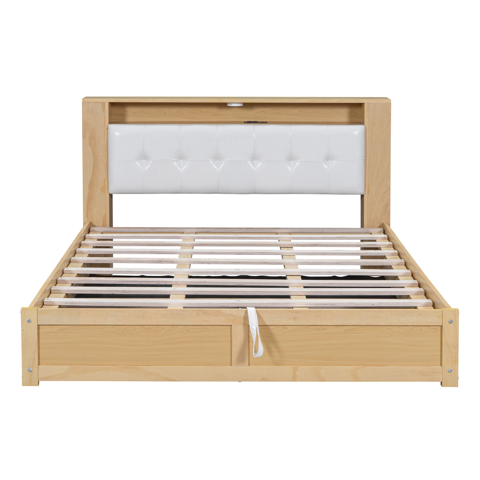 Queen Size Tufted Upholstered Platform Bed With Storage Headboard And Hydraulic Storage System, Modern Pu Storage Bed With Motion Activated Night Lights And Usb Charger,Natural Natural Wood