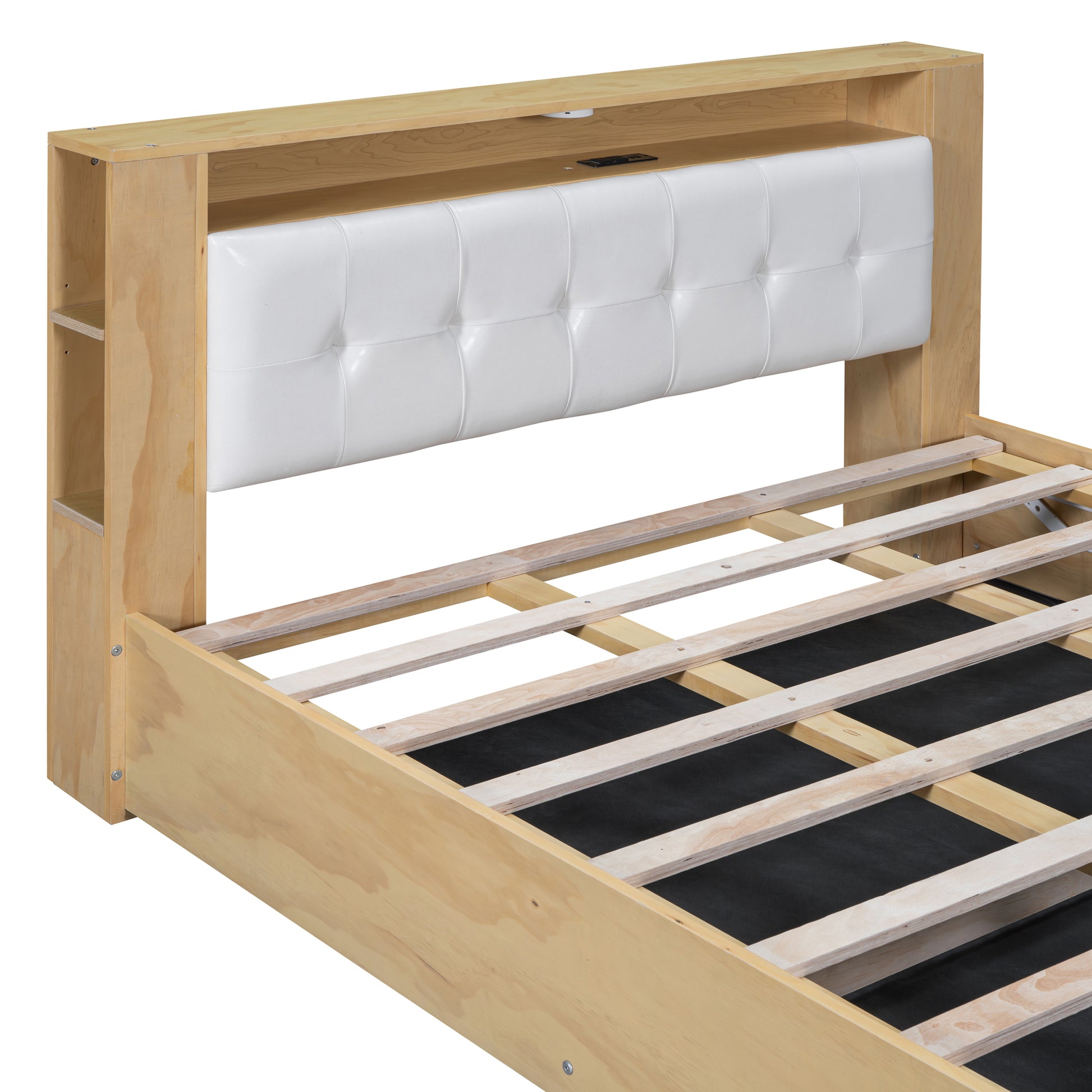 Queen Size Tufted Upholstered Platform Bed With Storage Headboard And Hydraulic Storage System, Modern Pu Storage Bed With Motion Activated Night Lights And Usb Charger,Natural Natural Wood