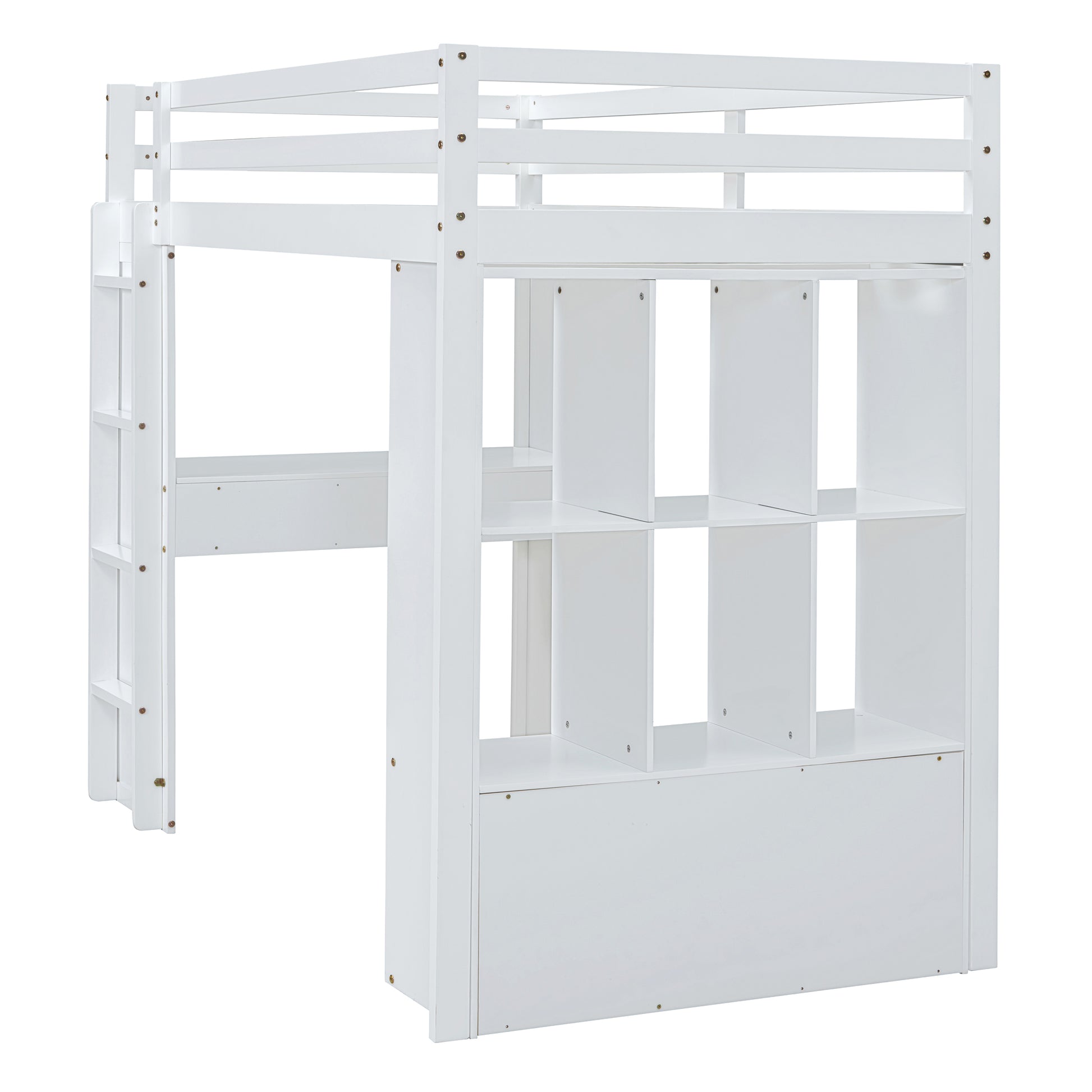 Full Size Loft Bed With Large Shelves, Writing Desk And Led Light, White White Solid Wood Mdf