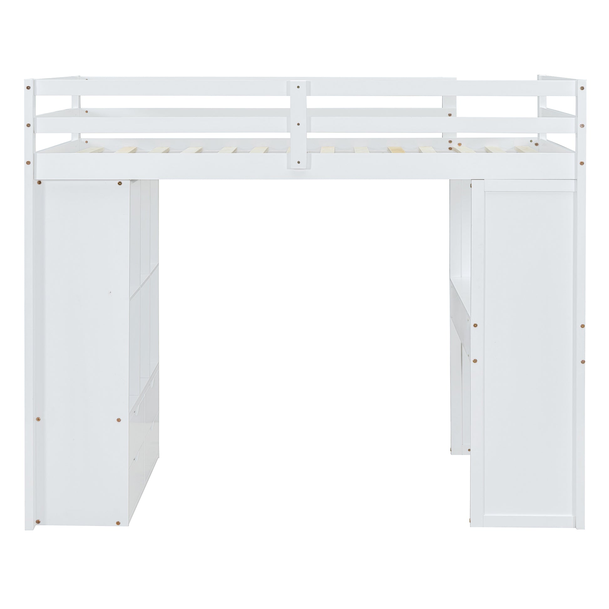 Full Size Loft Bed With Large Shelves, Writing Desk And Led Light, White White Solid Wood Mdf