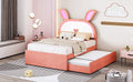 Full Size Upholstered Platform Bed With Trundle And 3 Drawers, Rabbit Shaped Headboard With Embedded Led Lights, Pink Pink Velvet