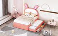 Full Size Upholstered Platform Bed With Trundle And 3 Drawers, Rabbit Shaped Headboard With Embedded Led Lights, Pink Pink Velvet