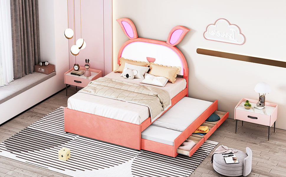 Full Size Upholstered Platform Bed With Trundle And 3 Drawers, Rabbit Shaped Headboard With Embedded Led Lights, Pink Pink Velvet