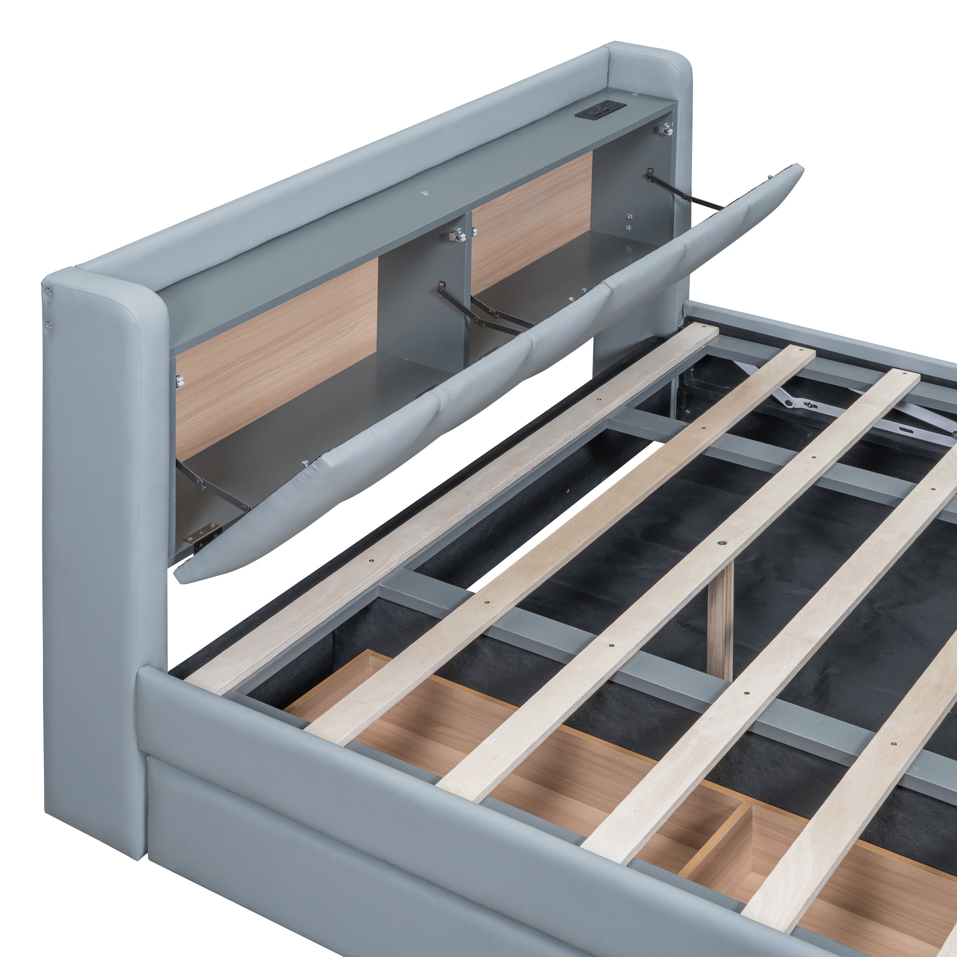 Queen Size & Twin Xl Size Upholstered Platform Bed, Mother & Child Bed With Hydraulic Storage System, Drawer Box, Bedhead Storage Shelf And Two Pairs Of Sockets & Usb Ports, Pu Leather, Gray Gray Pu Leather