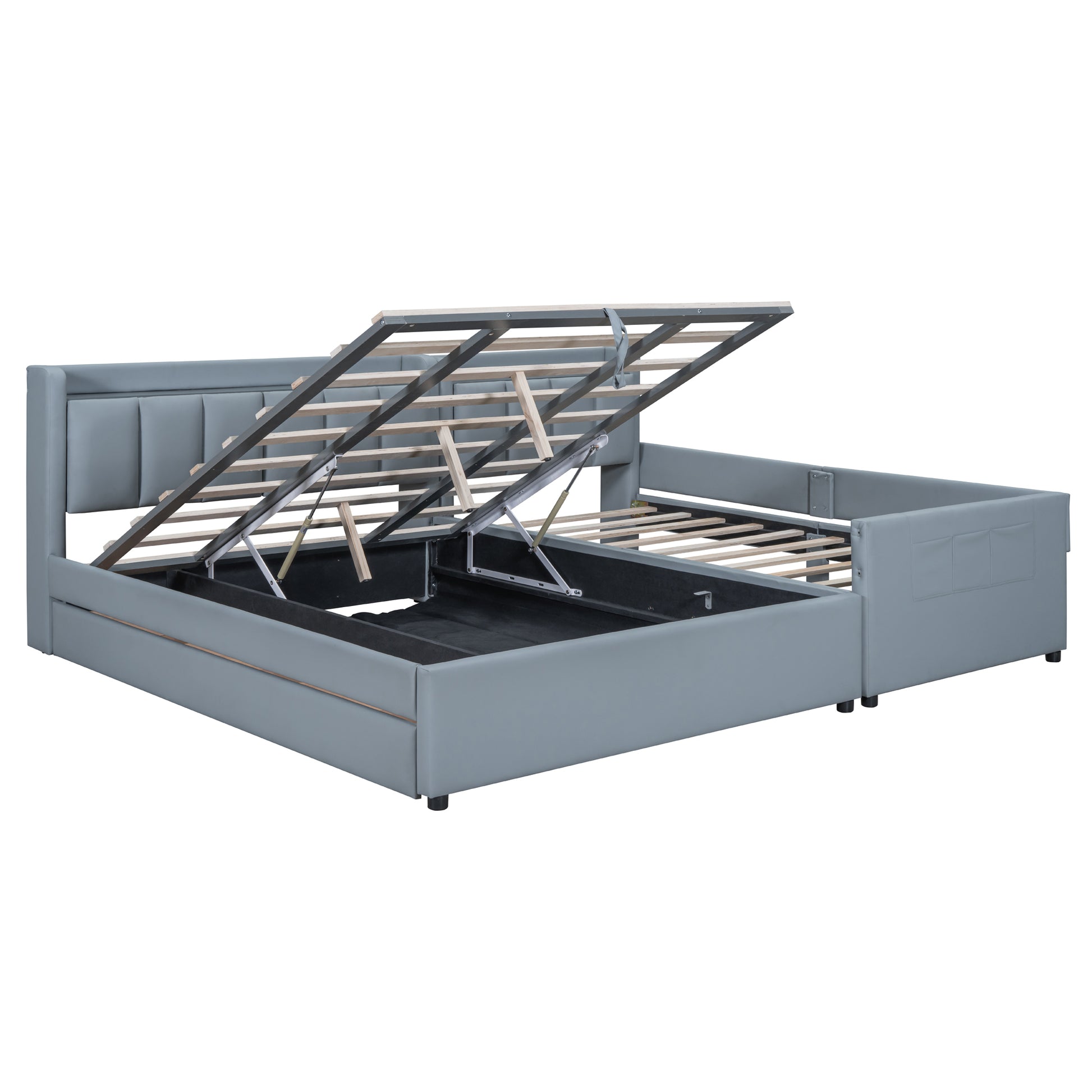 Queen Size & Twin Xl Size Upholstered Platform Bed, Mother & Child Bed With Hydraulic Storage System, Drawer Box, Bedhead Storage Shelf And Two Pairs Of Sockets & Usb Ports, Pu Leather, Gray Gray Pu Leather
