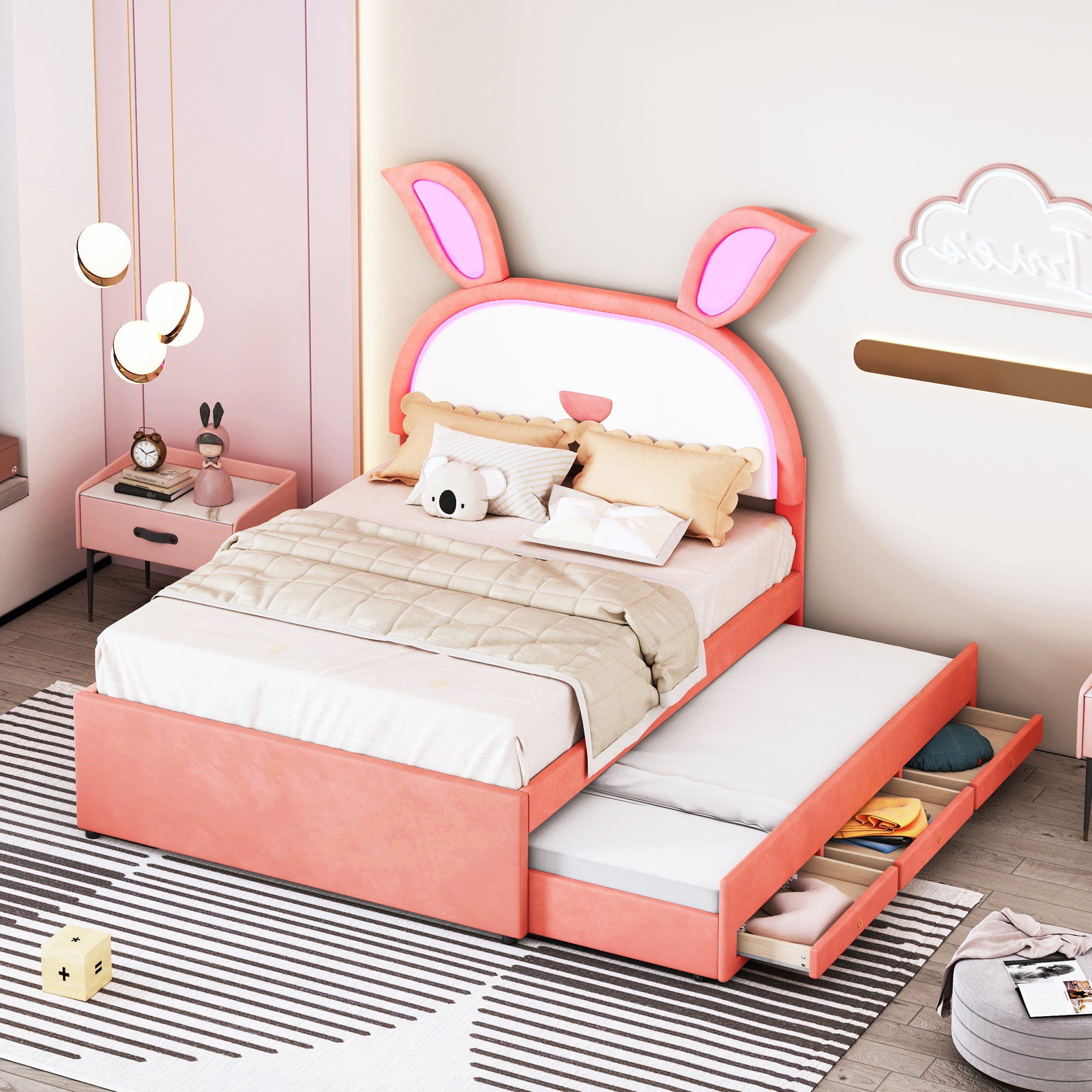 Full Size Upholstered Platform Bed With Trundle And 3 Drawers, Rabbit Shaped Headboard With Embedded Led Lights, Pink Pink Velvet